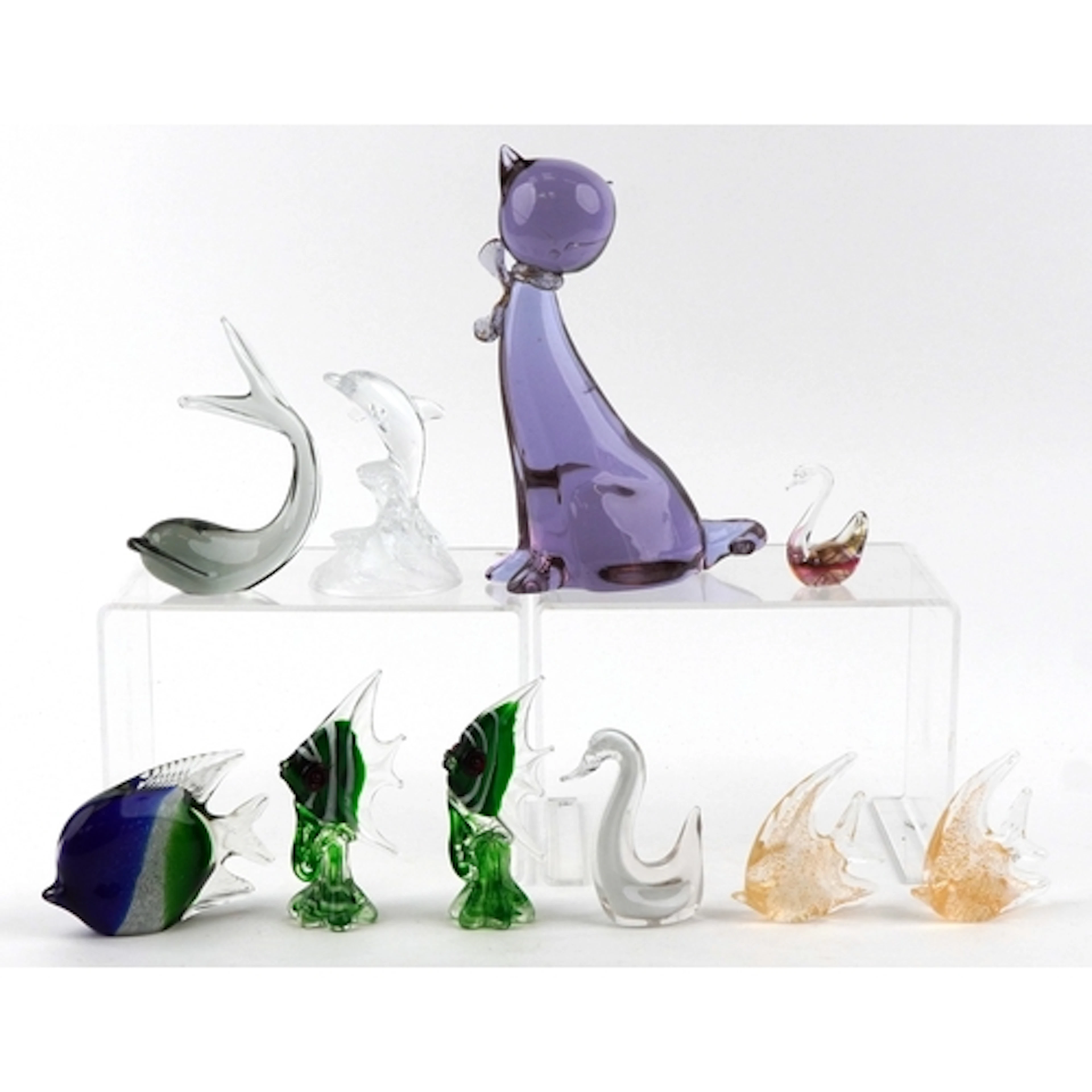 Group of decorative European glassware including fishes and ...