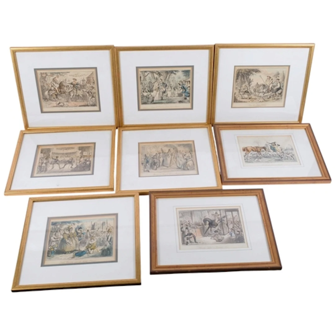 A group of 8 coloured engravings, hunting scenes, all gilt-f...