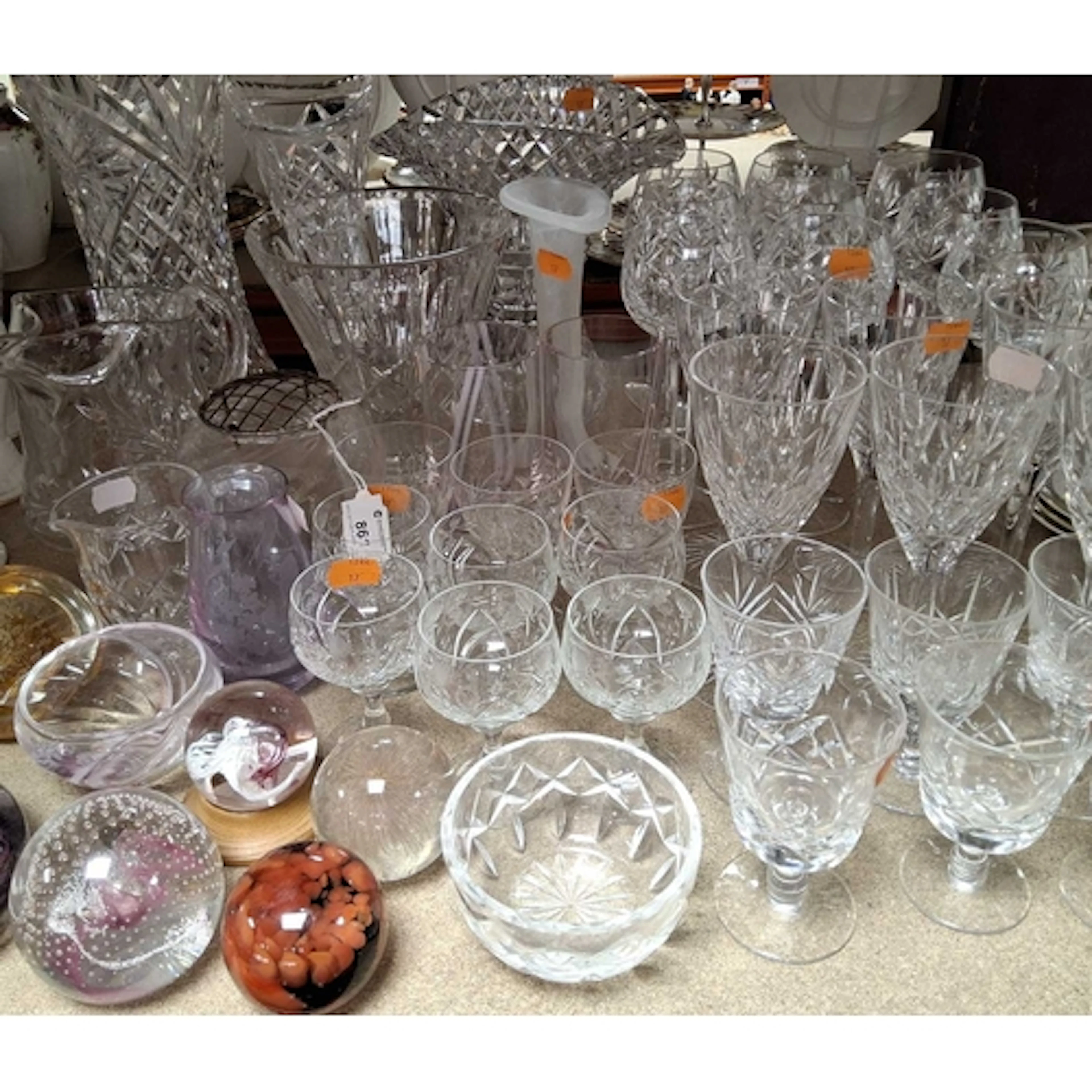 A GROUP OF COLOURED AND CUT GLASS, to include pairs and sets...