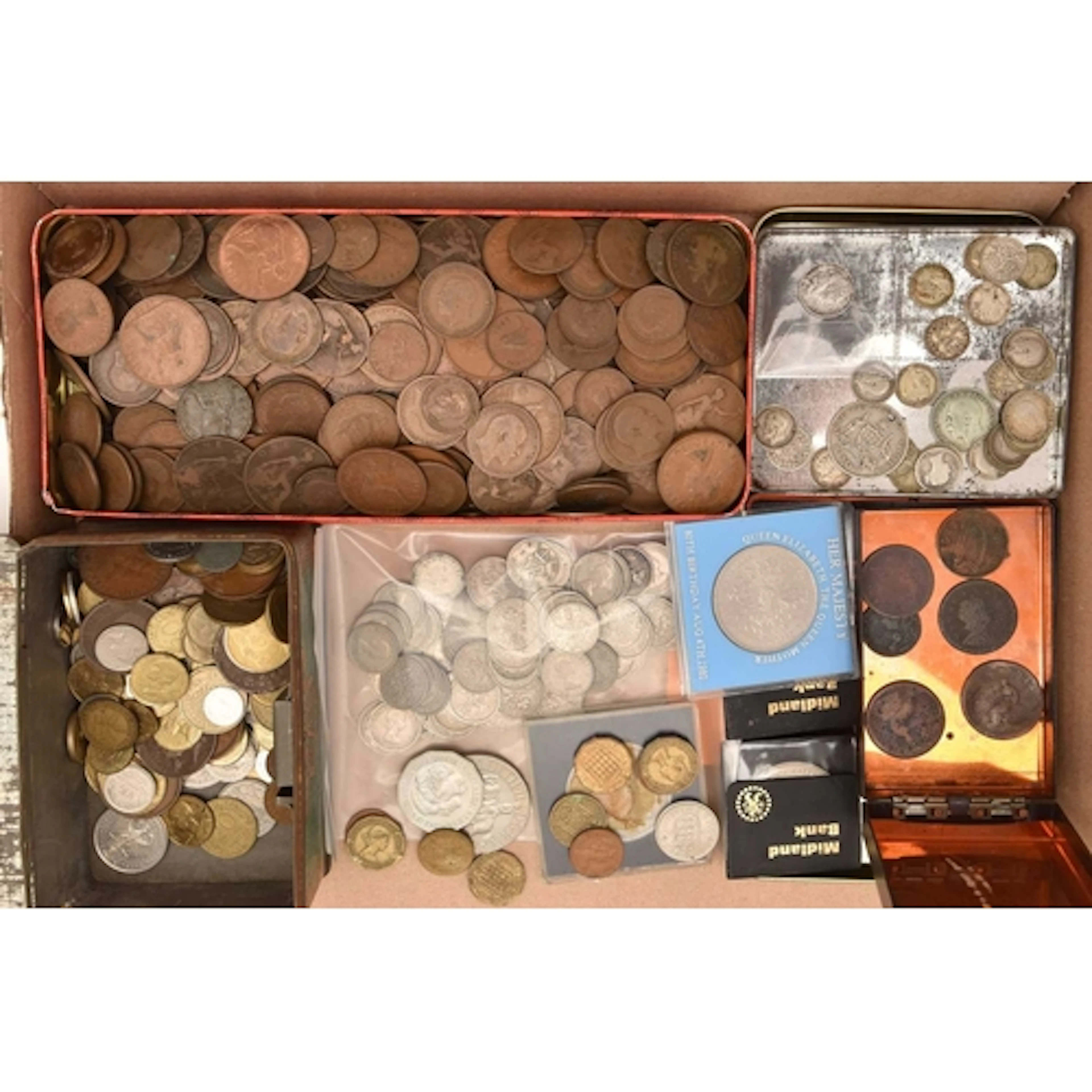 A Cardboard tray containing a cigar tin with Pre 1920 Silver...