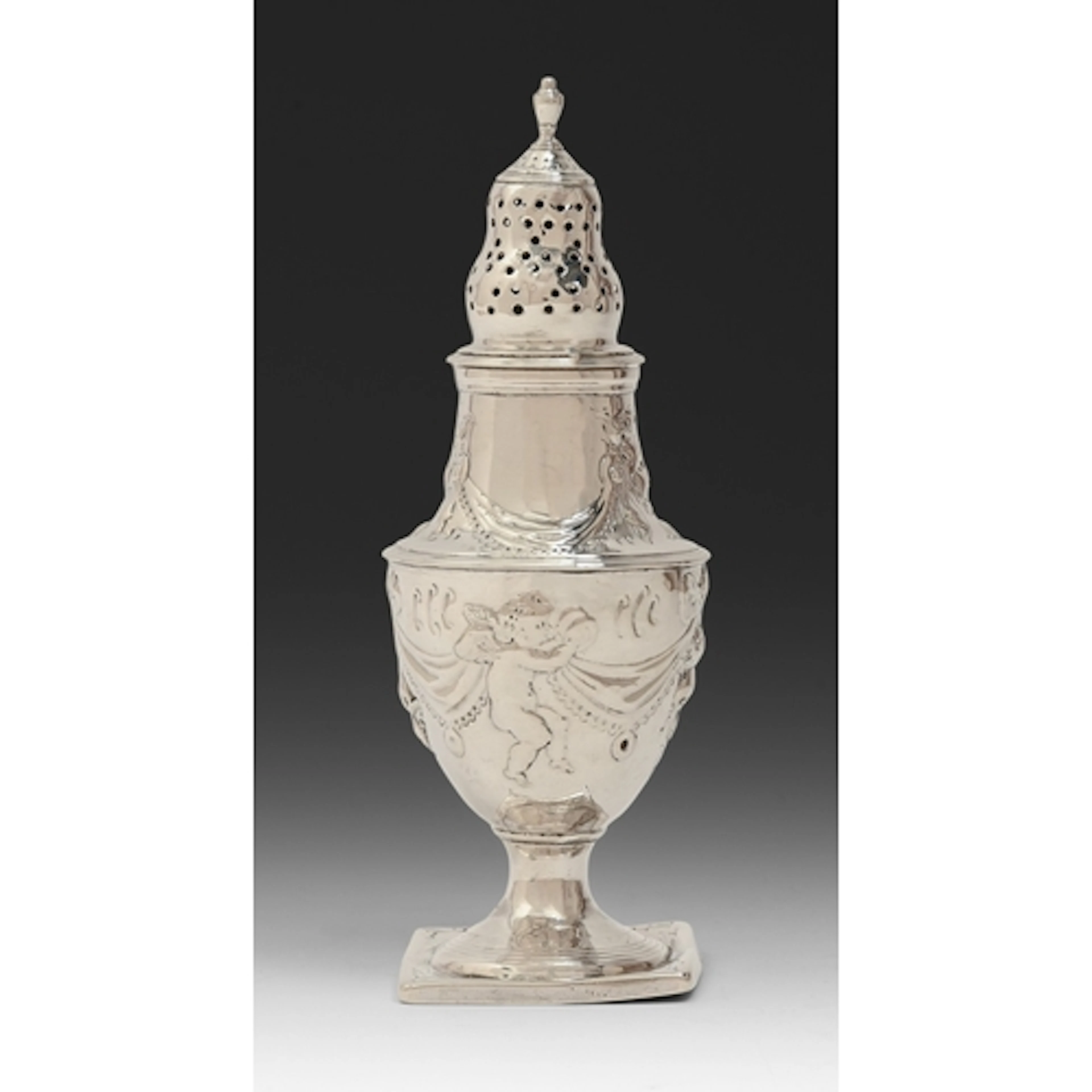 A George IV silver sugar caster, chased with putti and festo...