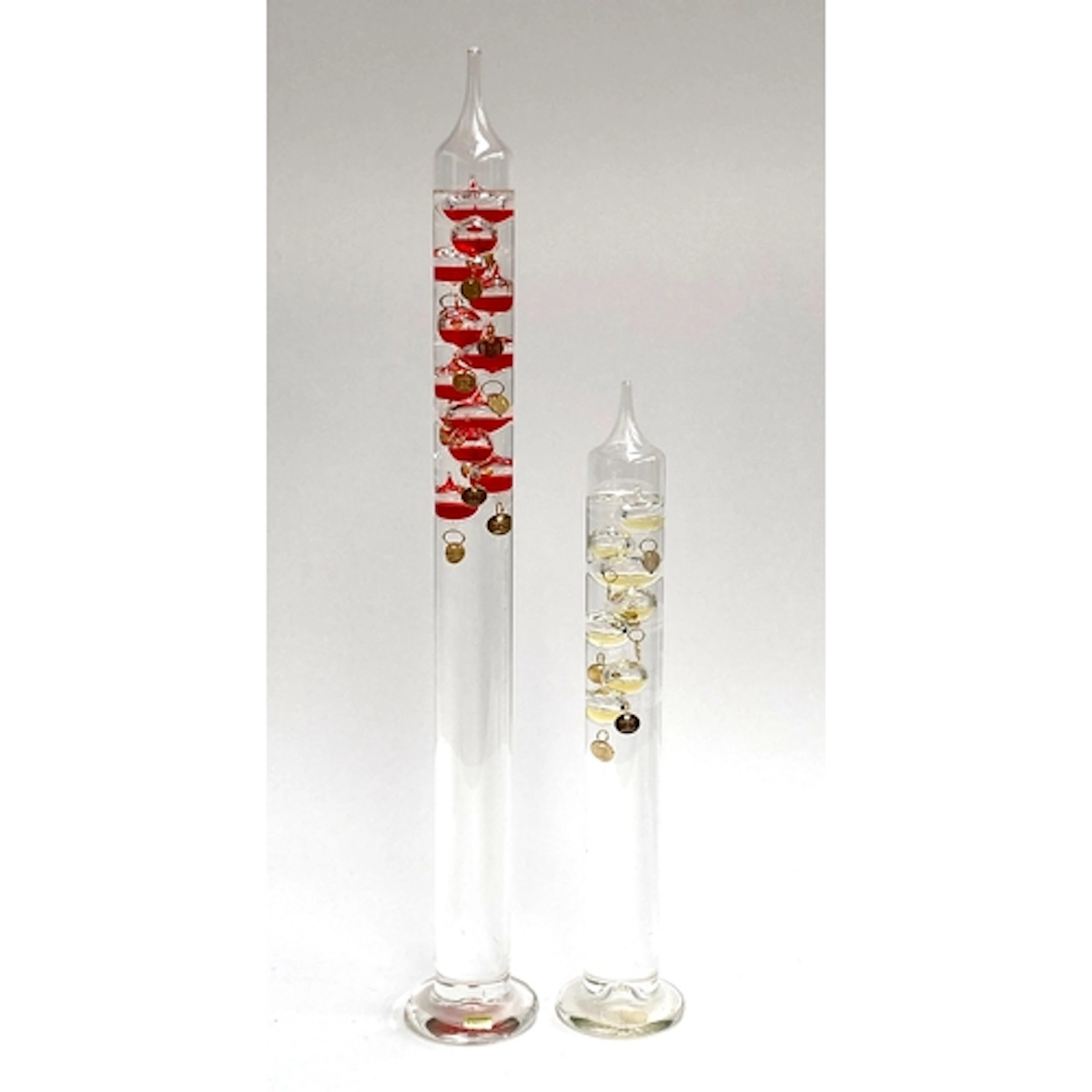 Two German glass Galileo thermometers, 62cmH and 42cmH