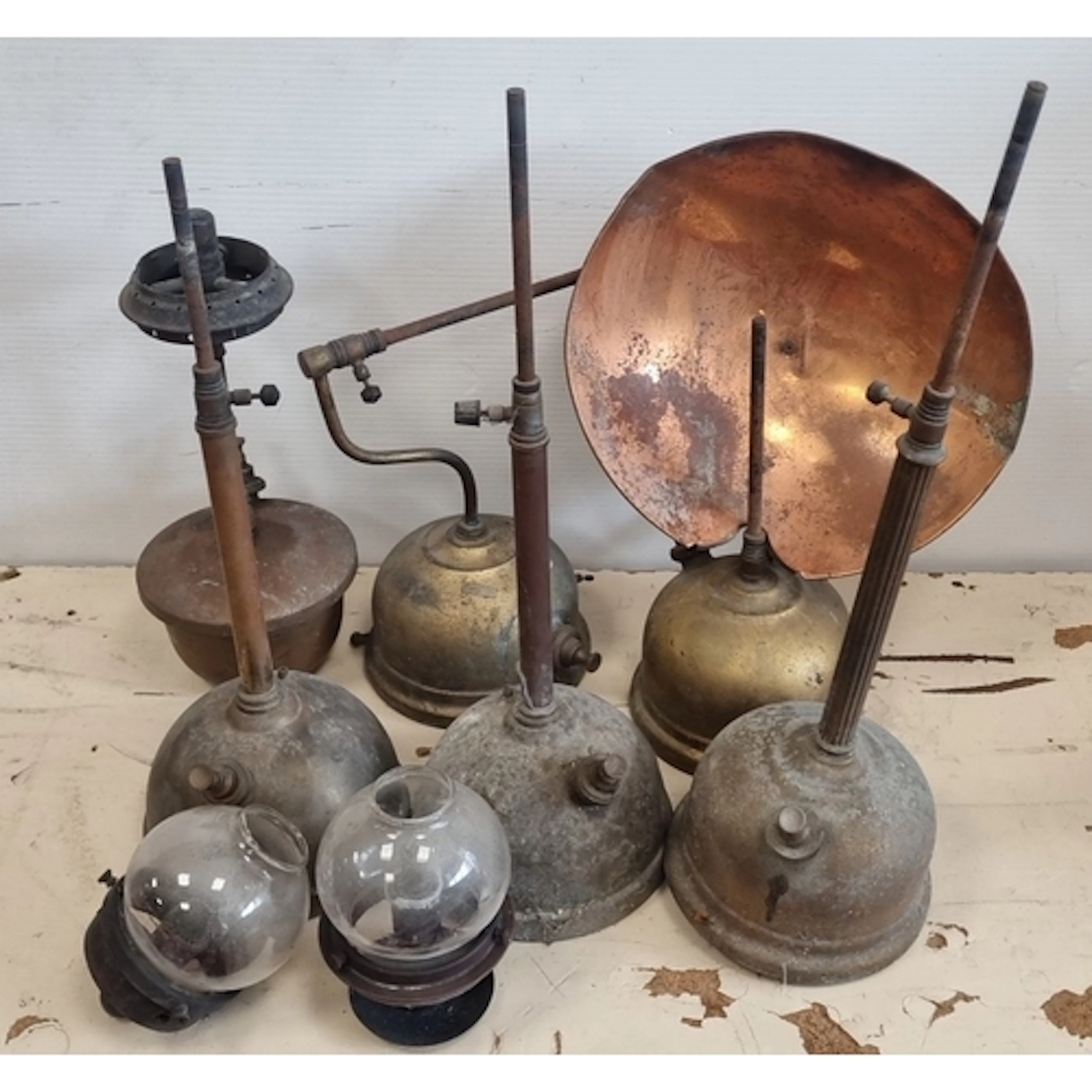 Lot of early 20th century laboratory burners, spirit lamps ...