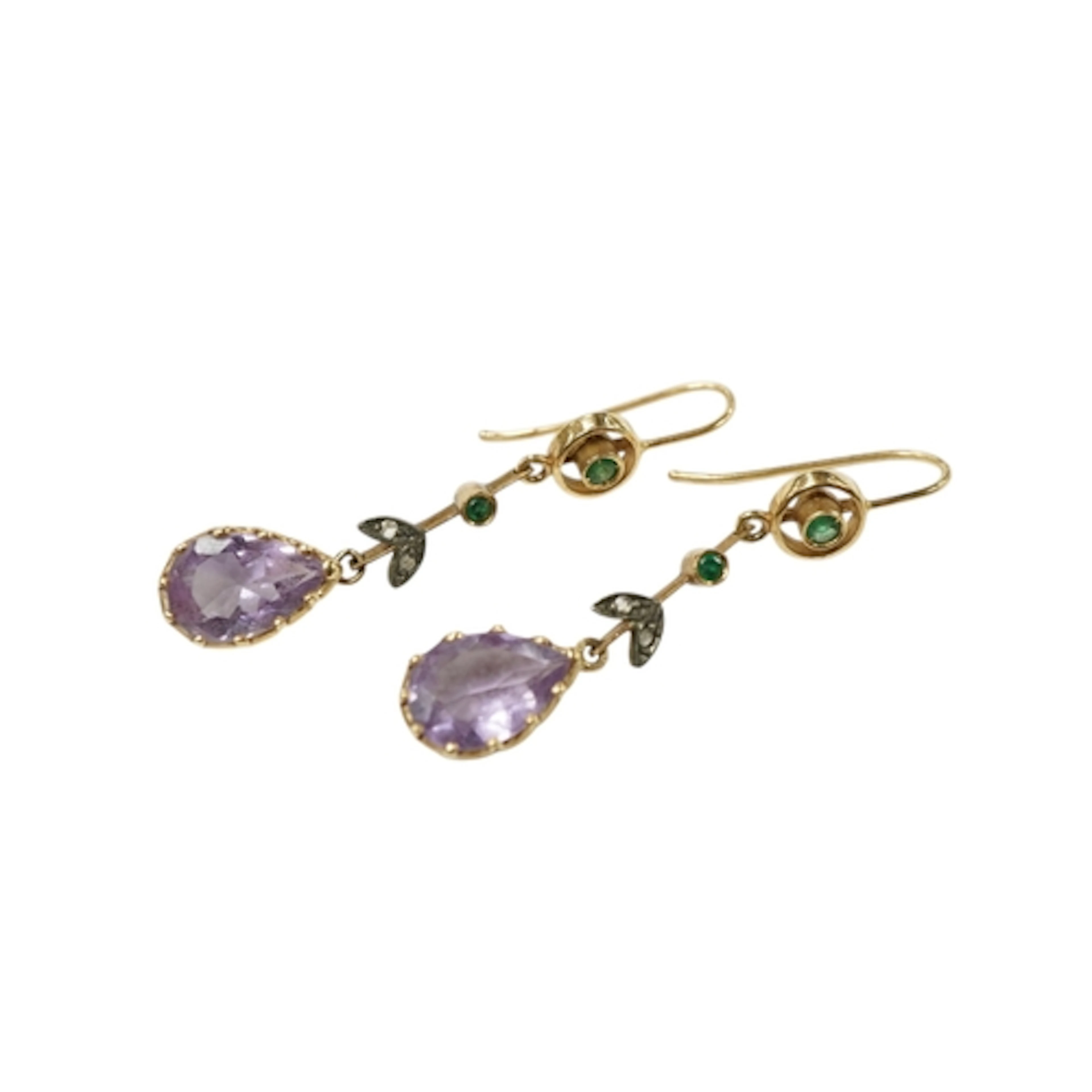 A pair of yellow metal, amethyst, emerald and diamond chip ...