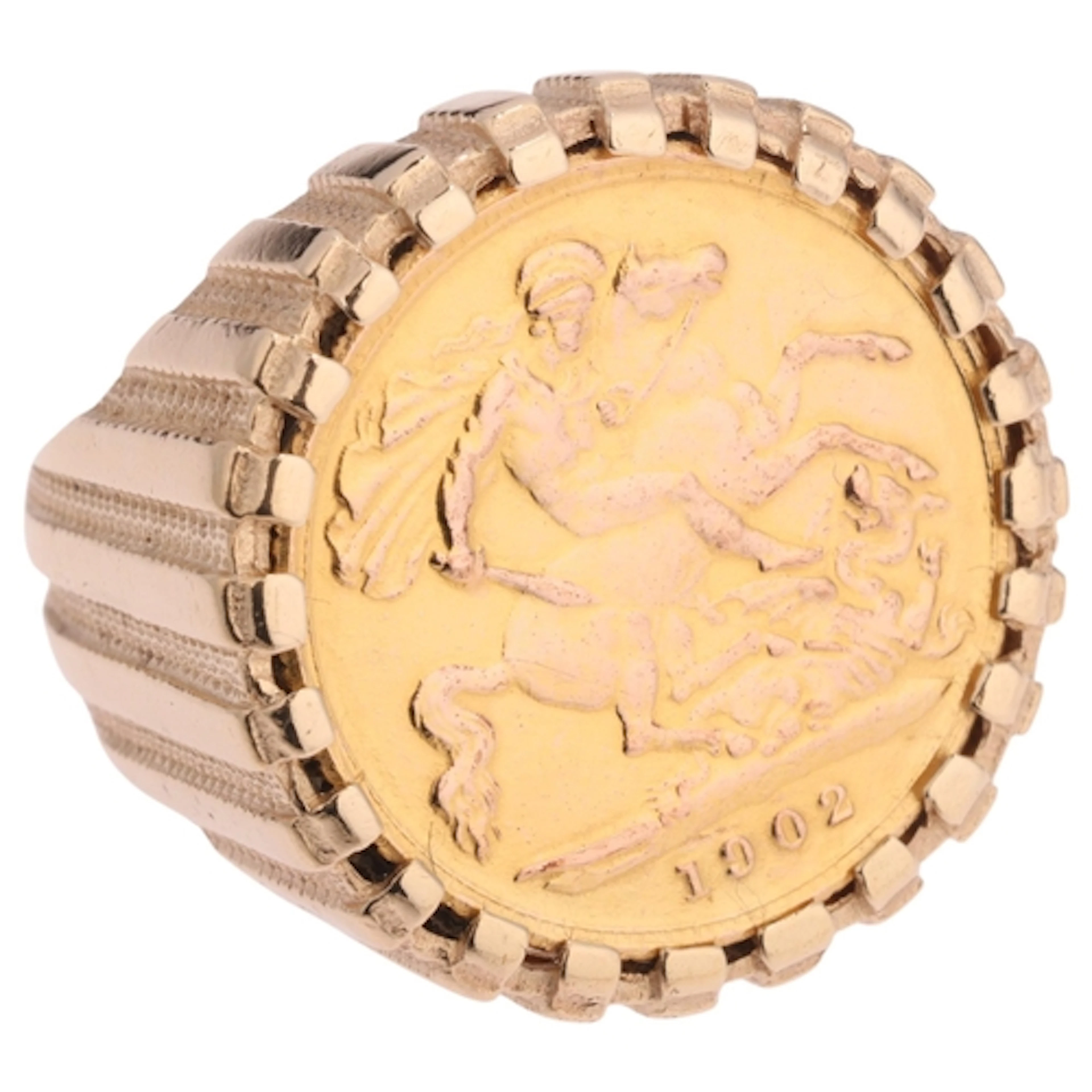 An Edward VII 1902 gold half sovereign coin, in 9ct gold rin...