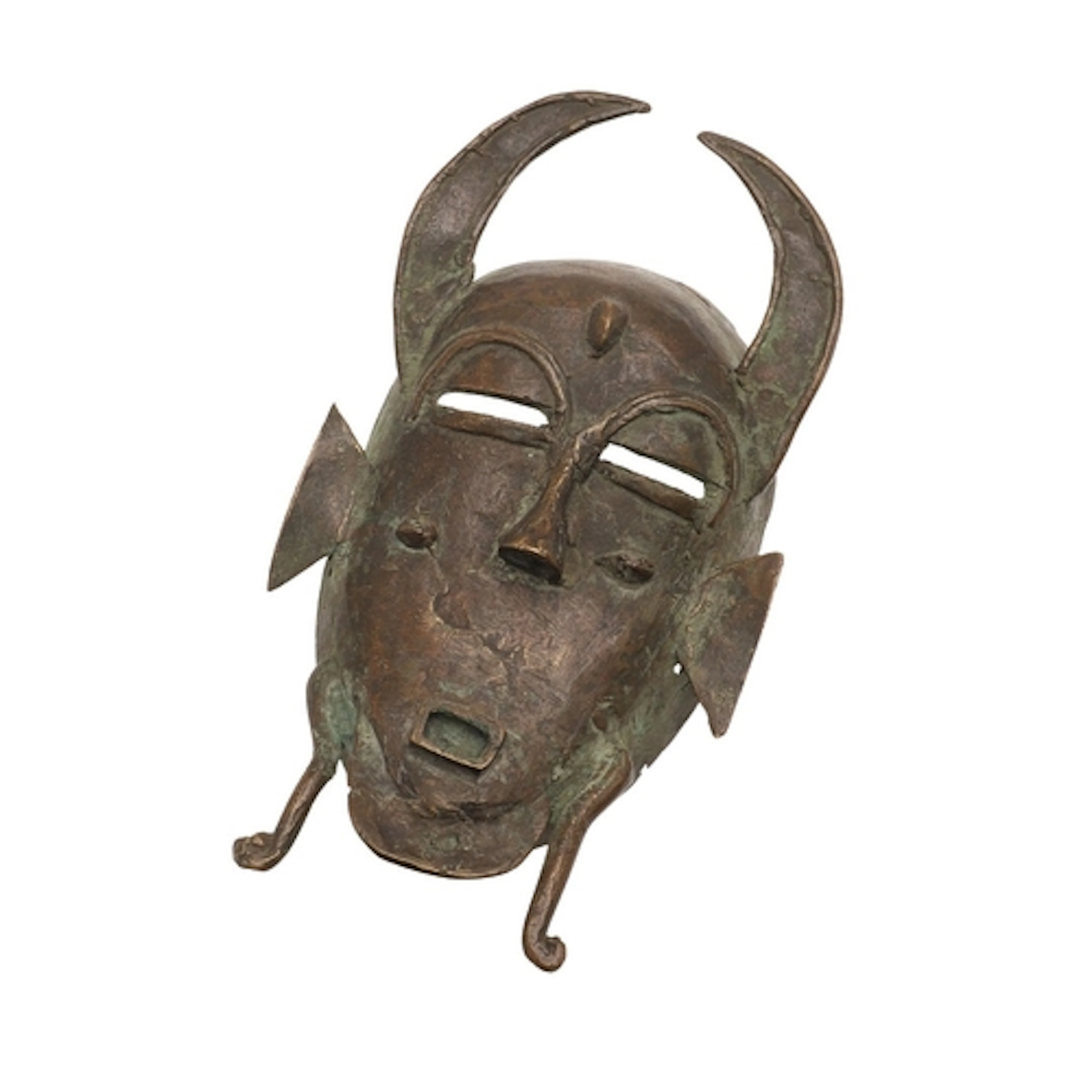 AN AFRICAN CAST BRASS MASK, PROBABLY SENUFO. A cast brass tr...