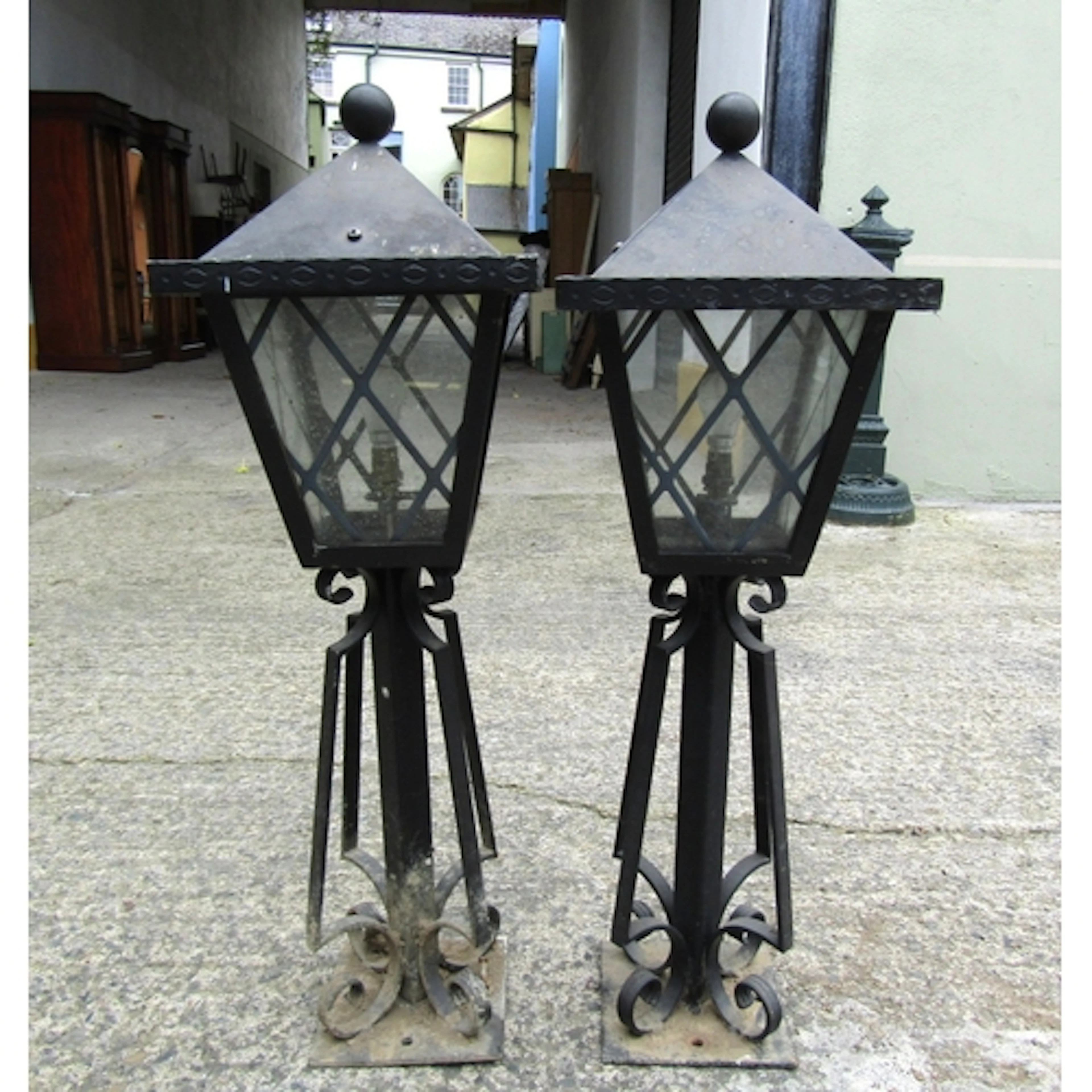 Pair of Wrought Metal Pillar Lanterns Electrified Working Or...