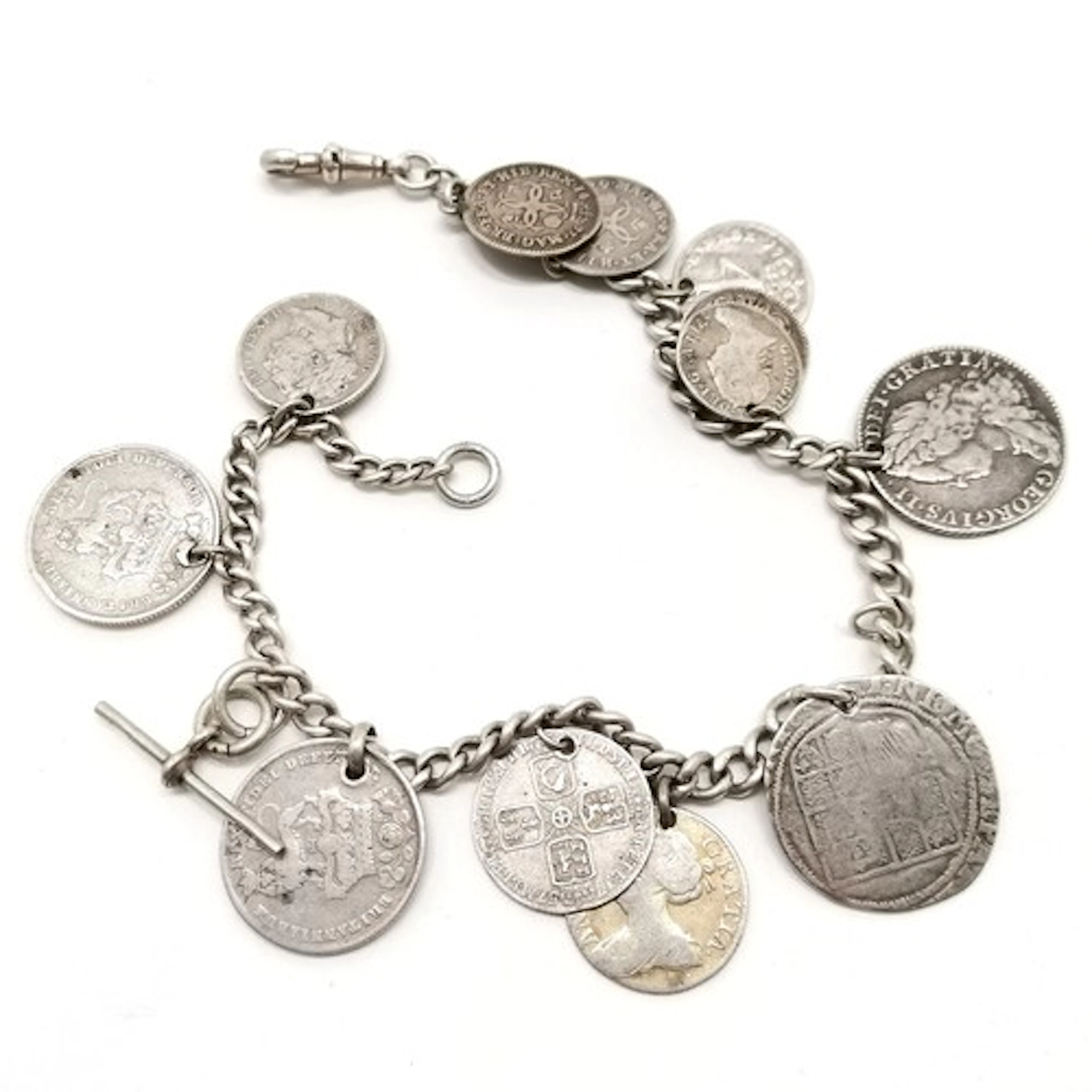 Antique silver albert chain with coin pendant detail inc Geo...