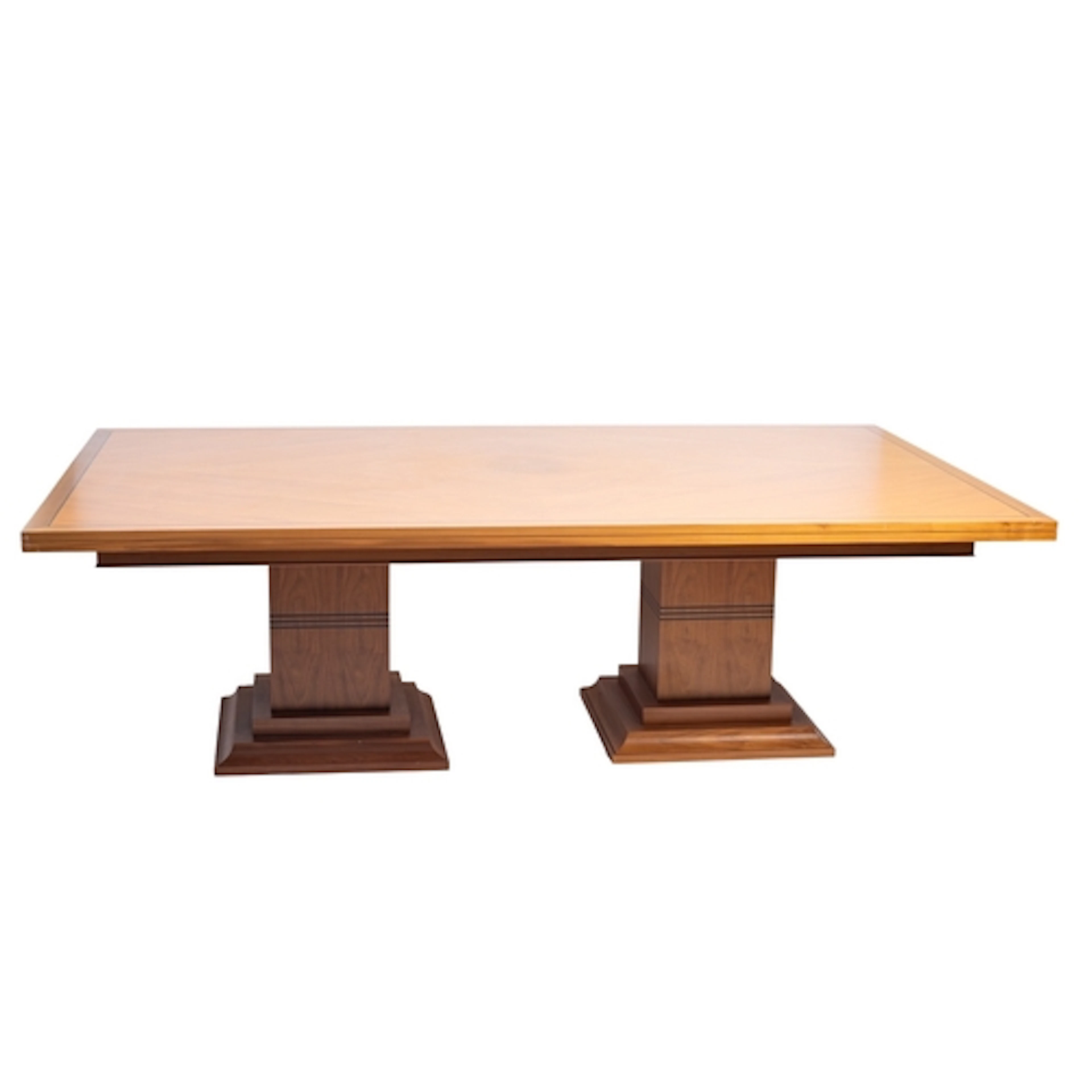 A walnut twin pedestal dining table, modern. The rectangular...