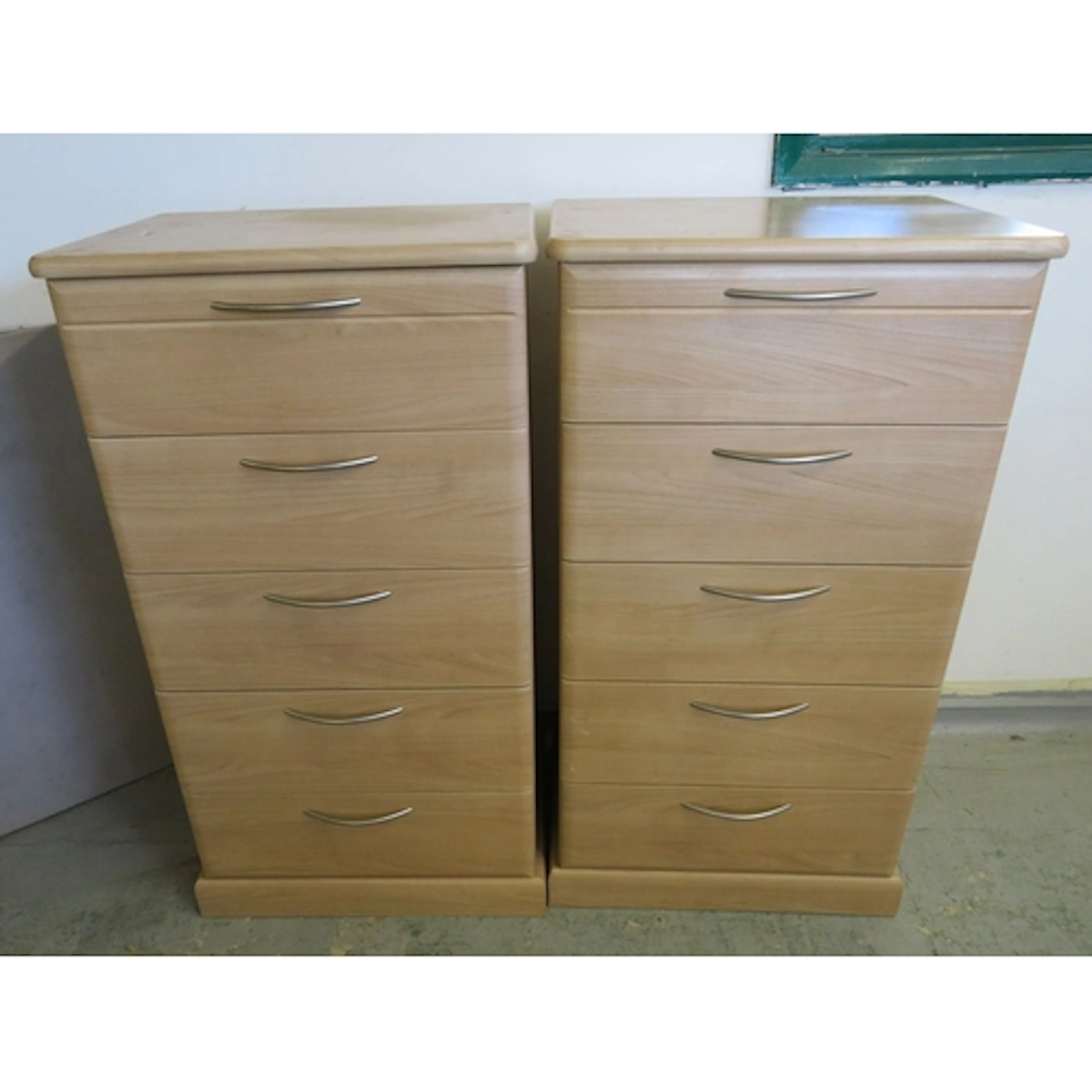 Pair Modern Pine Tallboys, 5 drawers, chrome D-handles, appr...