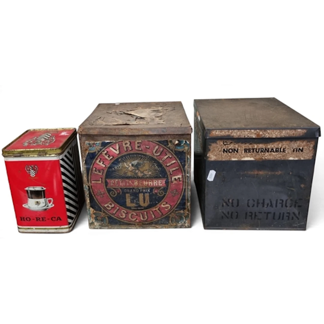 A collection of vintage advertising tins comprising an antiq...