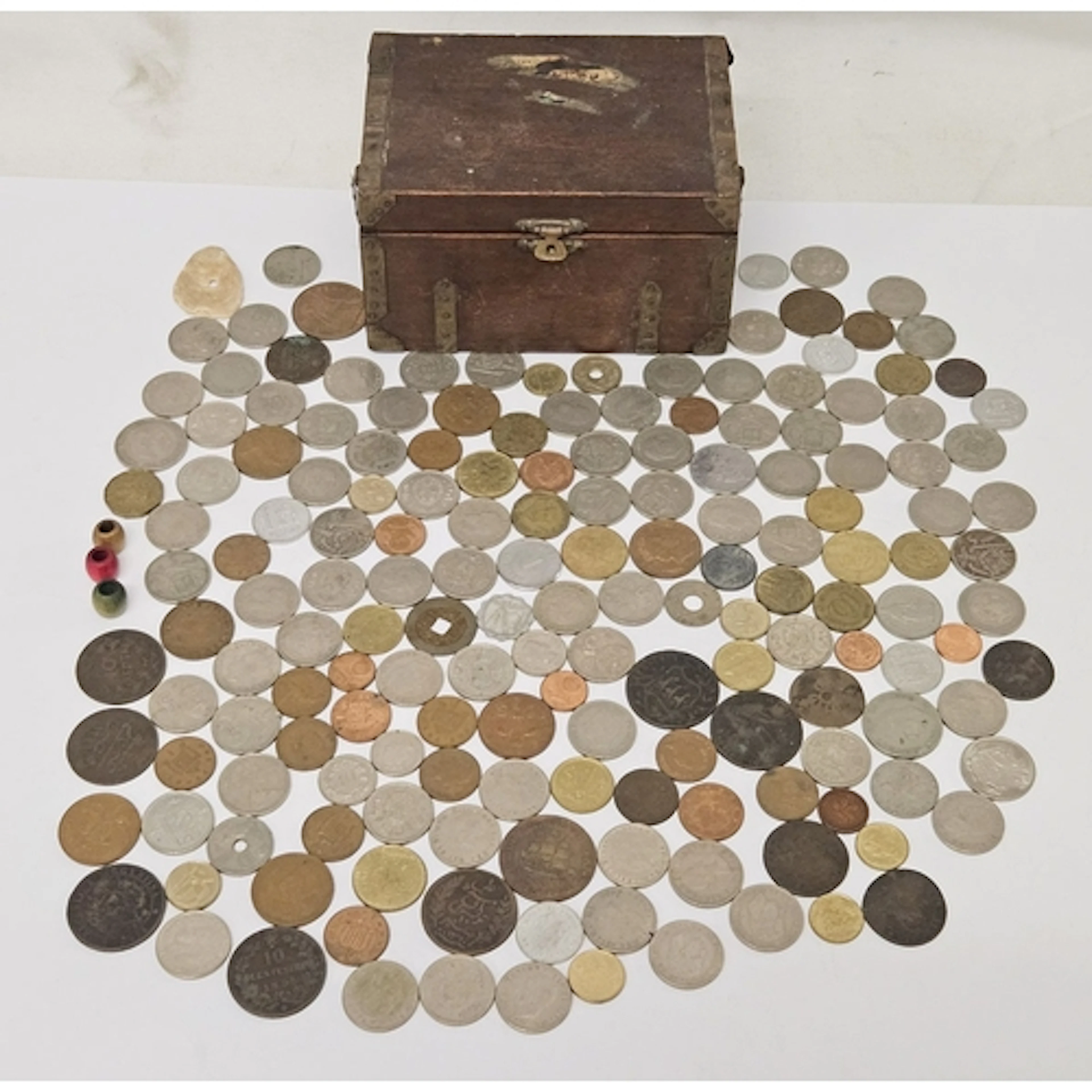Small Treasure Chest Style Casket containing coins of the wo...