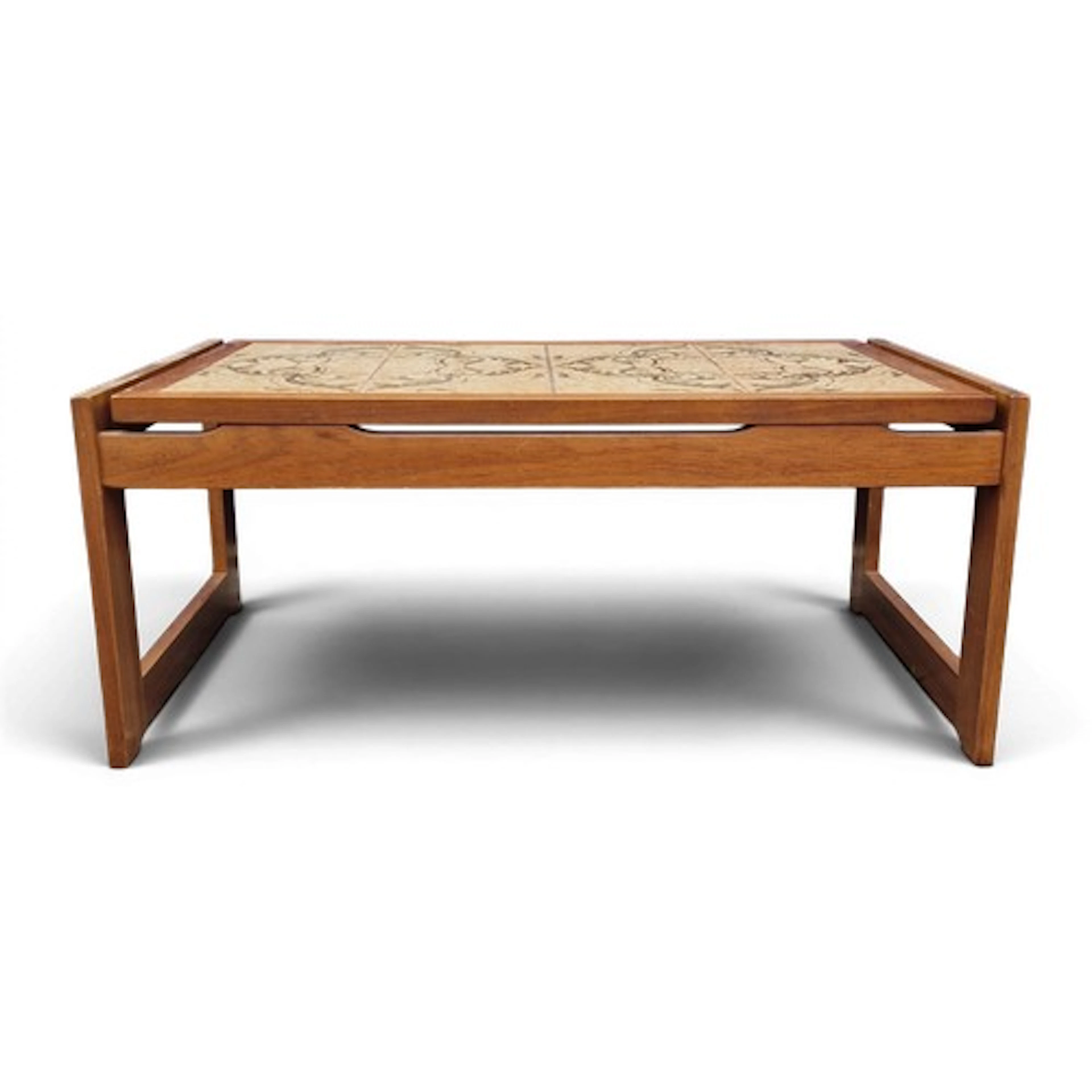A mid-20thC teak coffee table, rectangular top inset with ei...