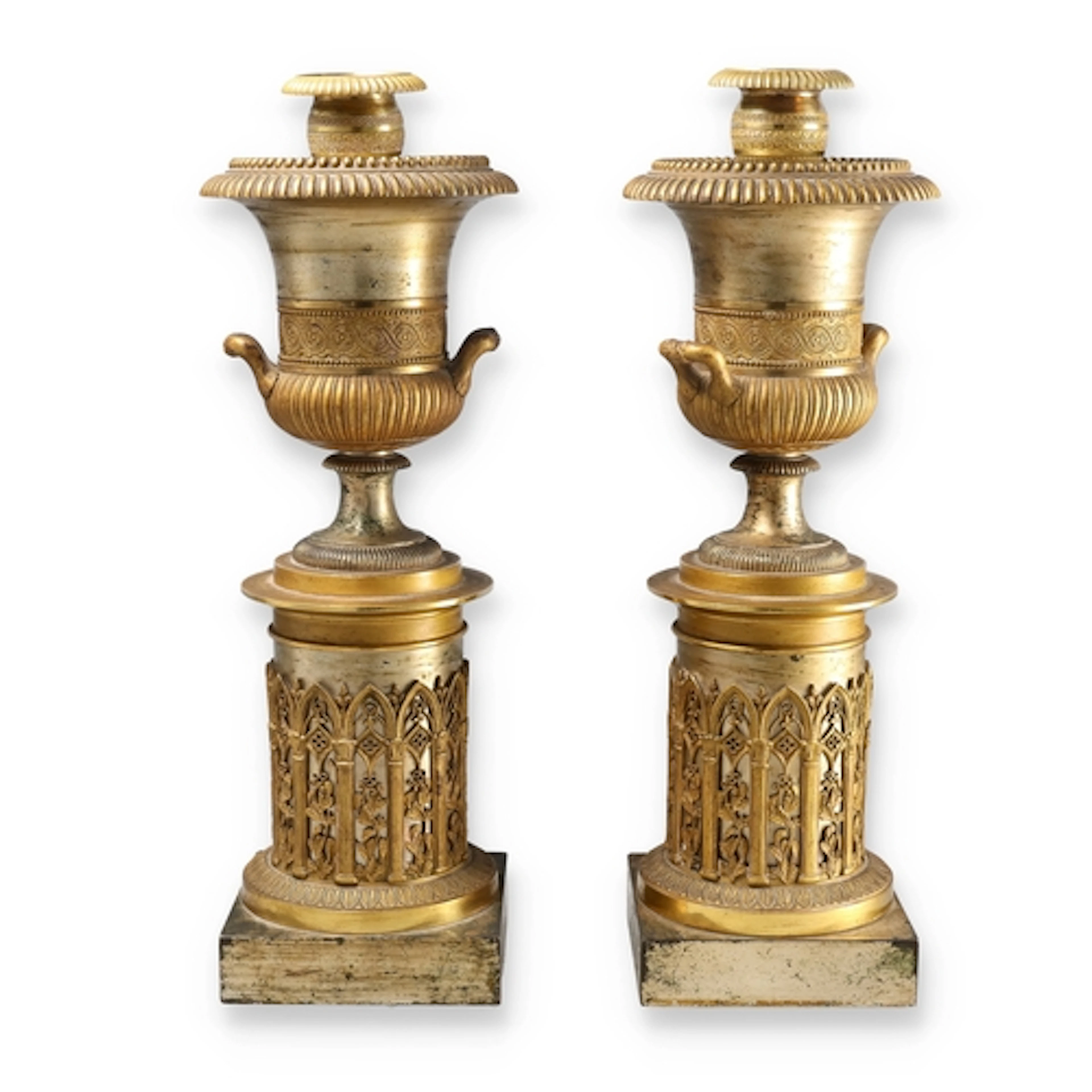 A PAIR OF 19TH CENTURY FRENCH GILT AND SILVER GILT BRONZE CA...
