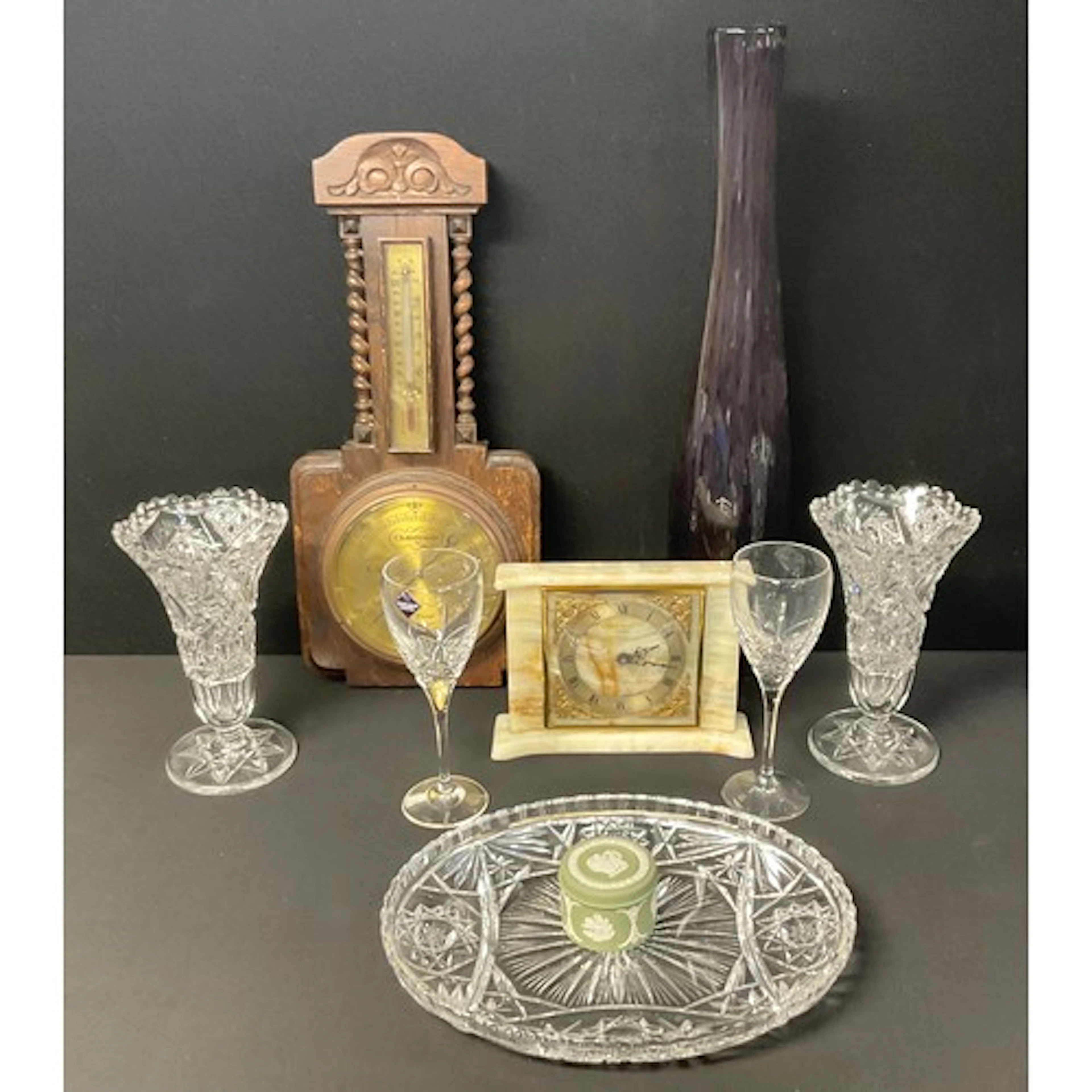 A Dartington studio range amethyst glass vase, pair of cut g...
