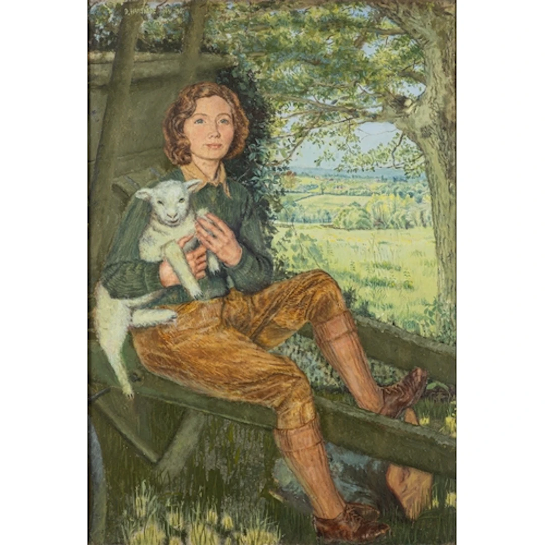 D. Hamshere (mid 20th century school) - Land Girl with lam...