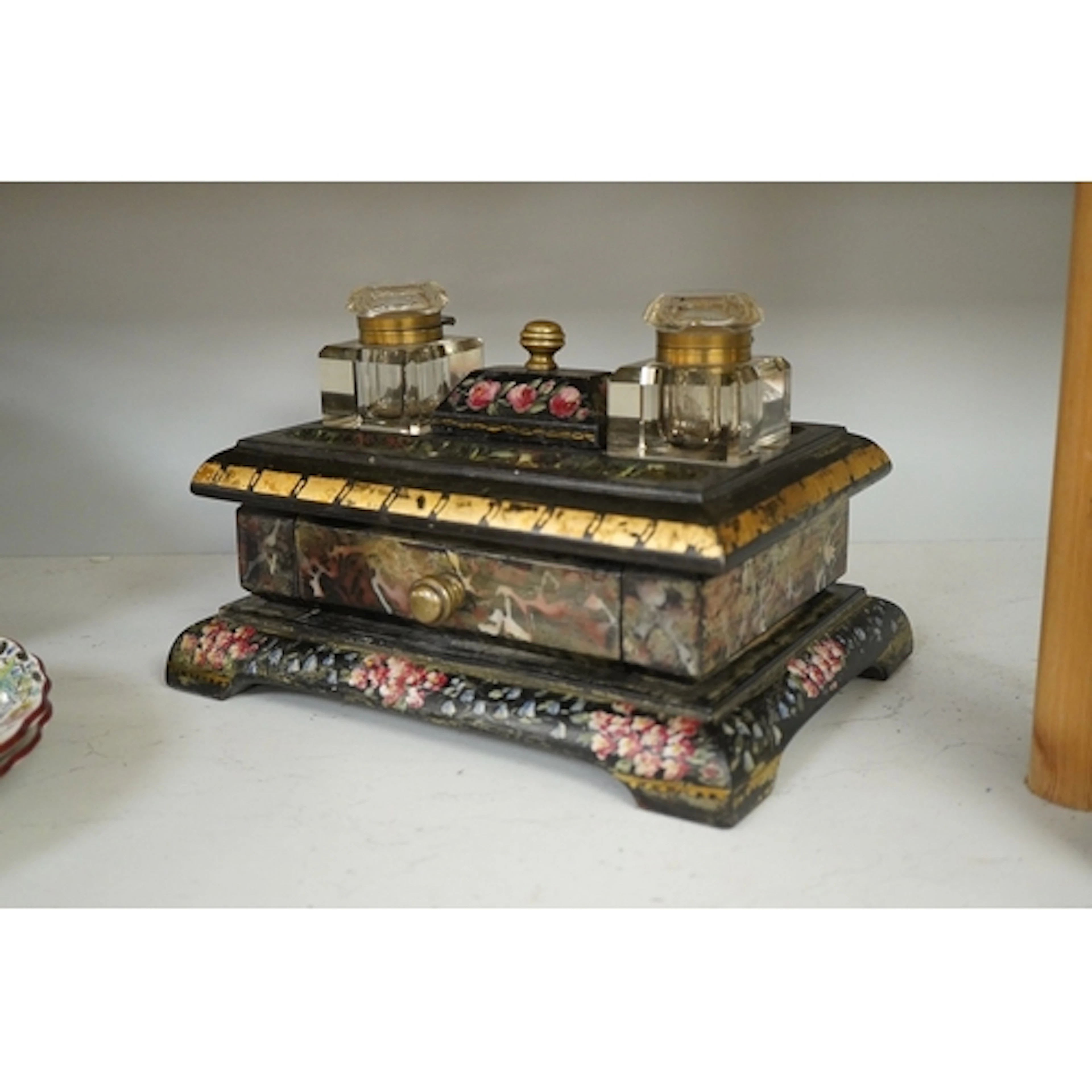 A 19th century painted black slate desk stand with two glass...