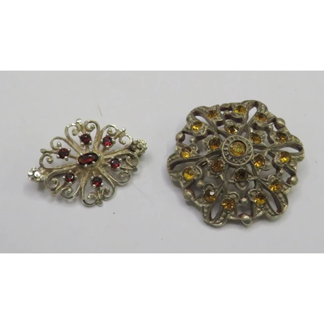 2 Vintage Silver Brooches, 1 set yellow faceted stones, 1 wi...