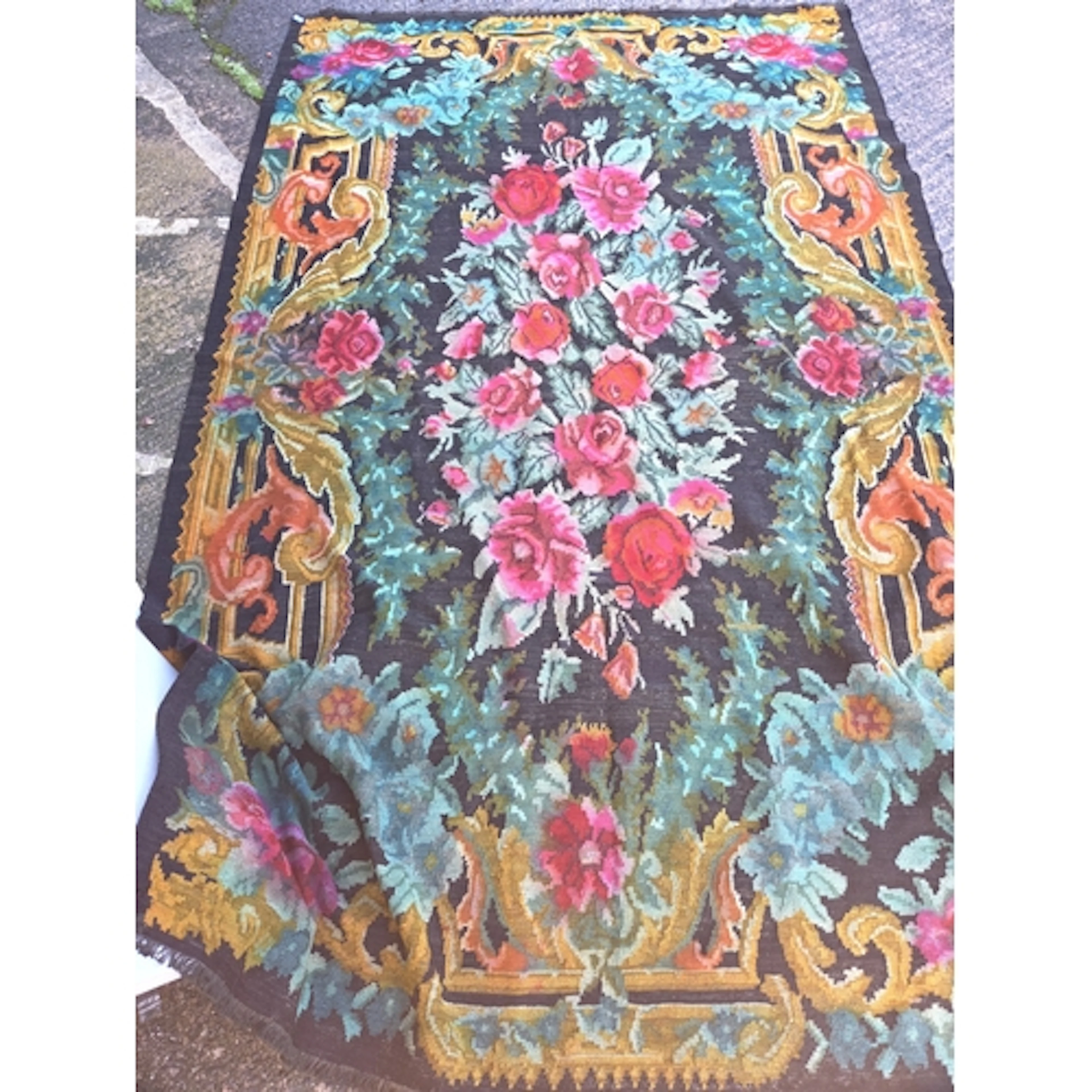 A 19th century floral Karabagh Kilim flat weave rug, black b...