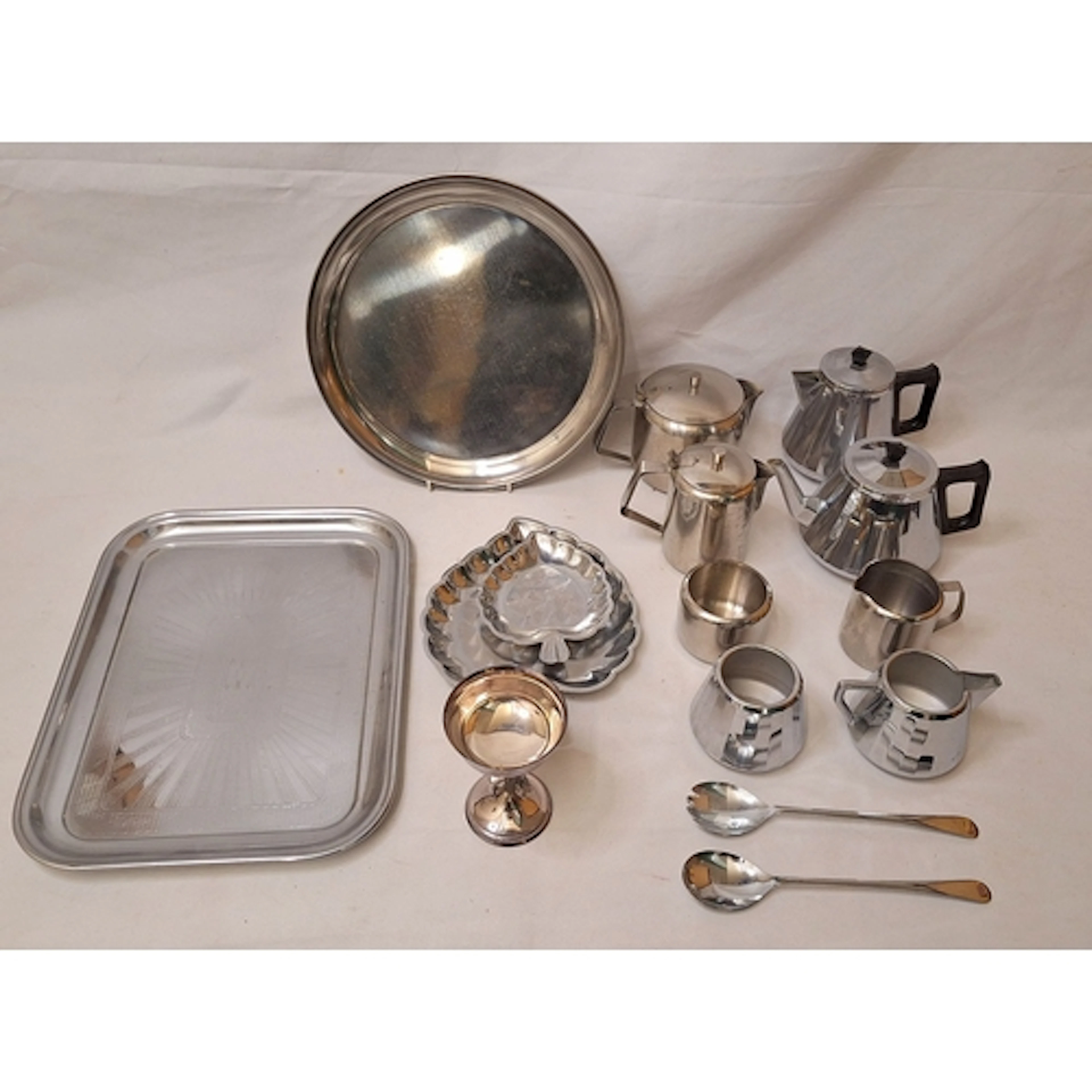Vintage Tray with sunburst design, stainless steel tea set i...