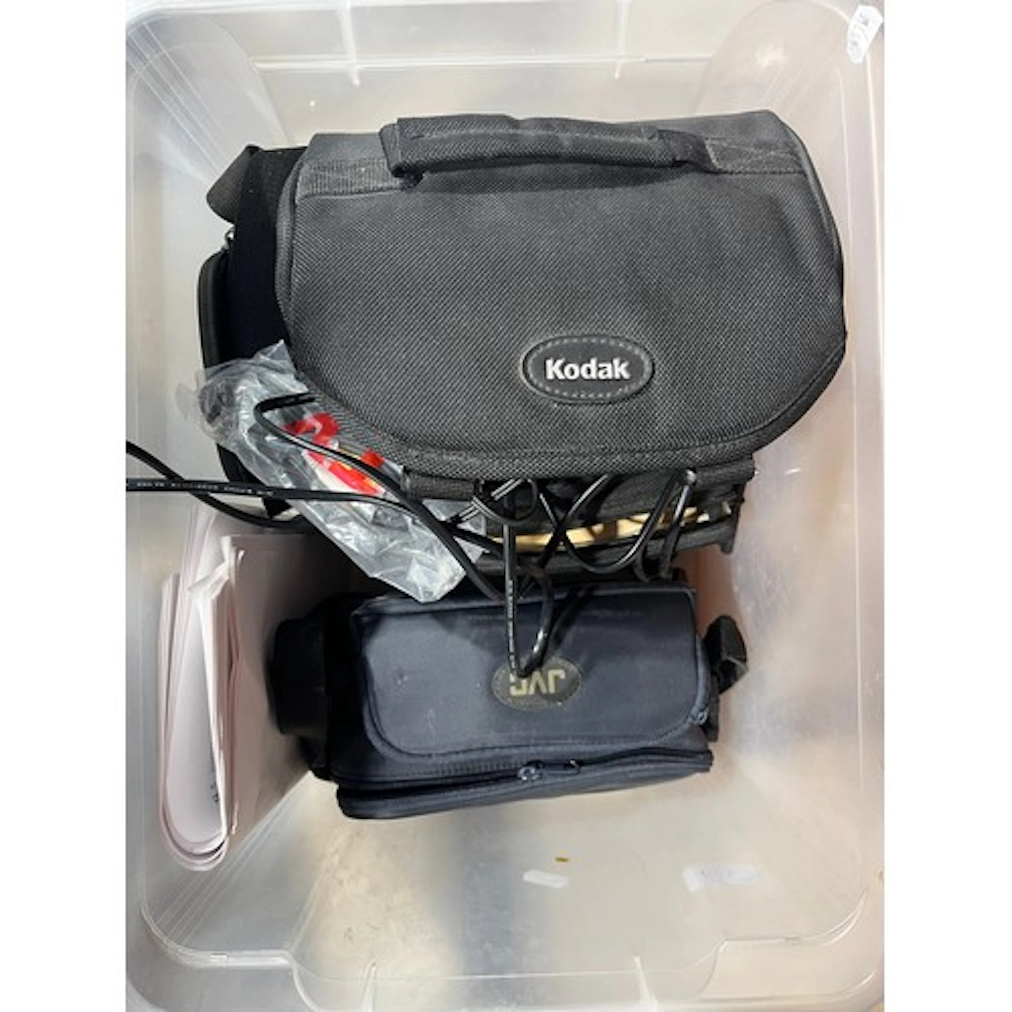 JVC camcorder, Kodak camera bag and accessories.