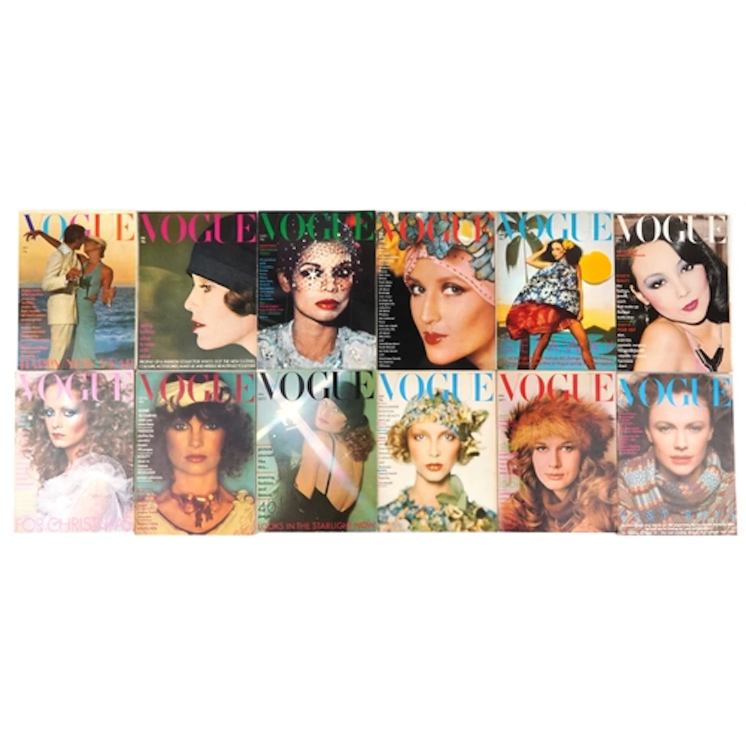 Collection of 1974 Vogue magazines.
