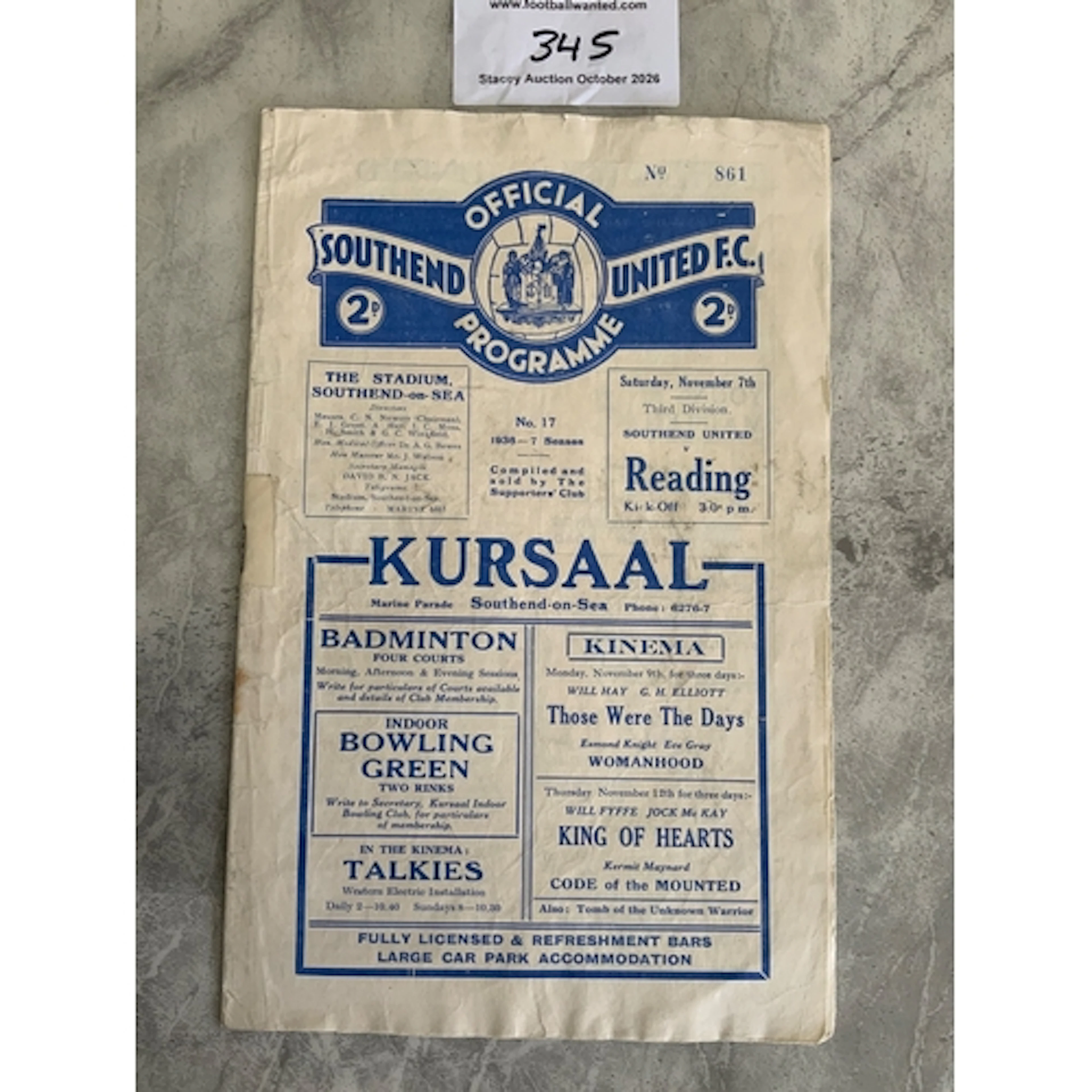 36/37 Southend v Reading Football Programme: Fair condition ...