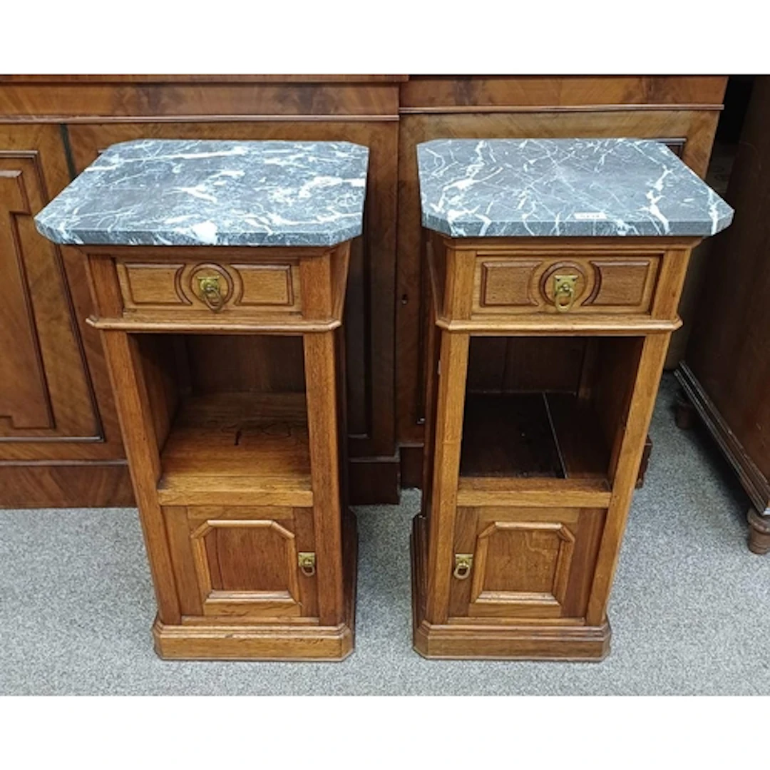 PAIR OF FRENCH MARBLE TOPPED OAK BEDSIDE TABLES WITH SINGLE ...
