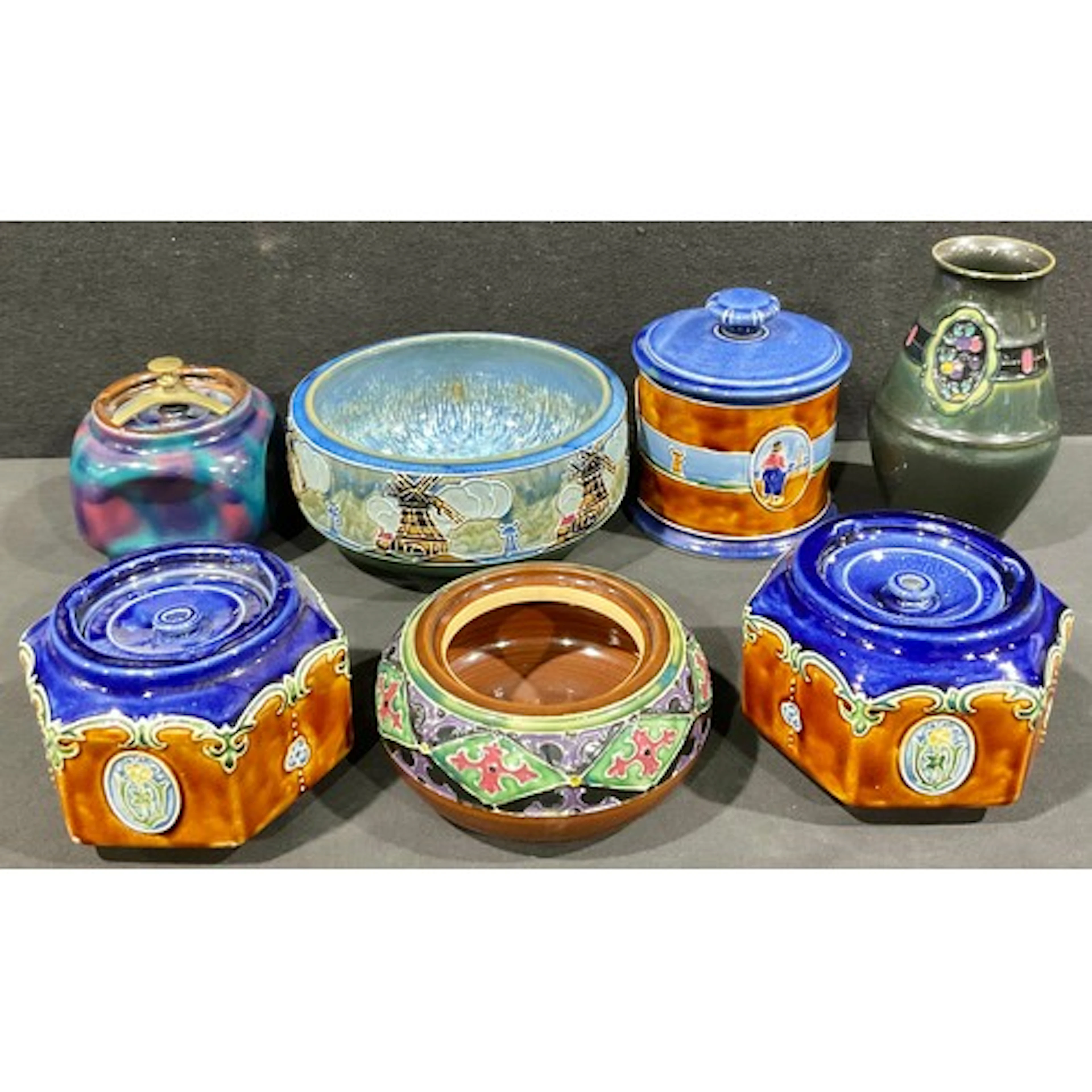 A pair of Denby hexagonal tobacco jars and covers, for Alfre...