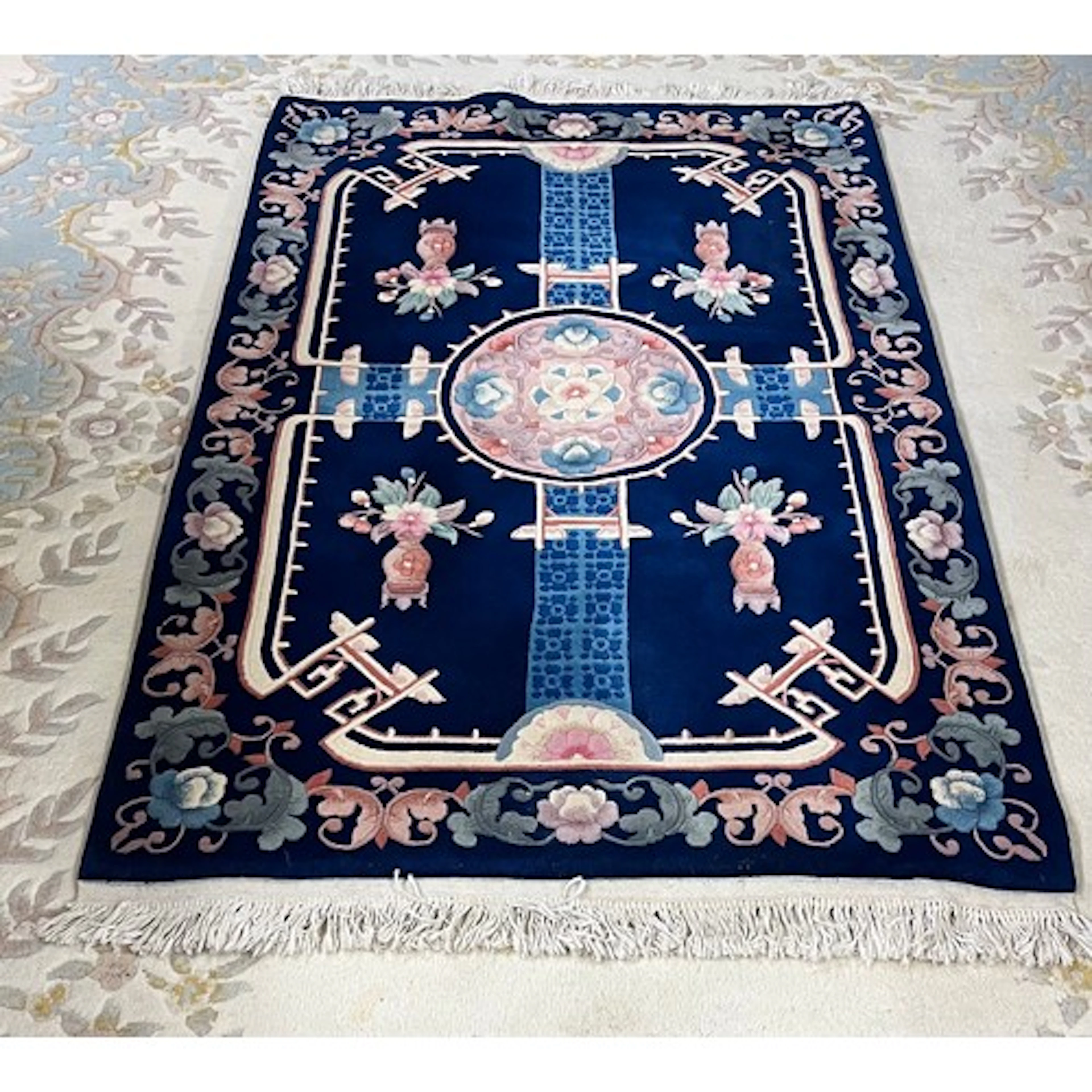 Blue embossed Chinese woolen rug