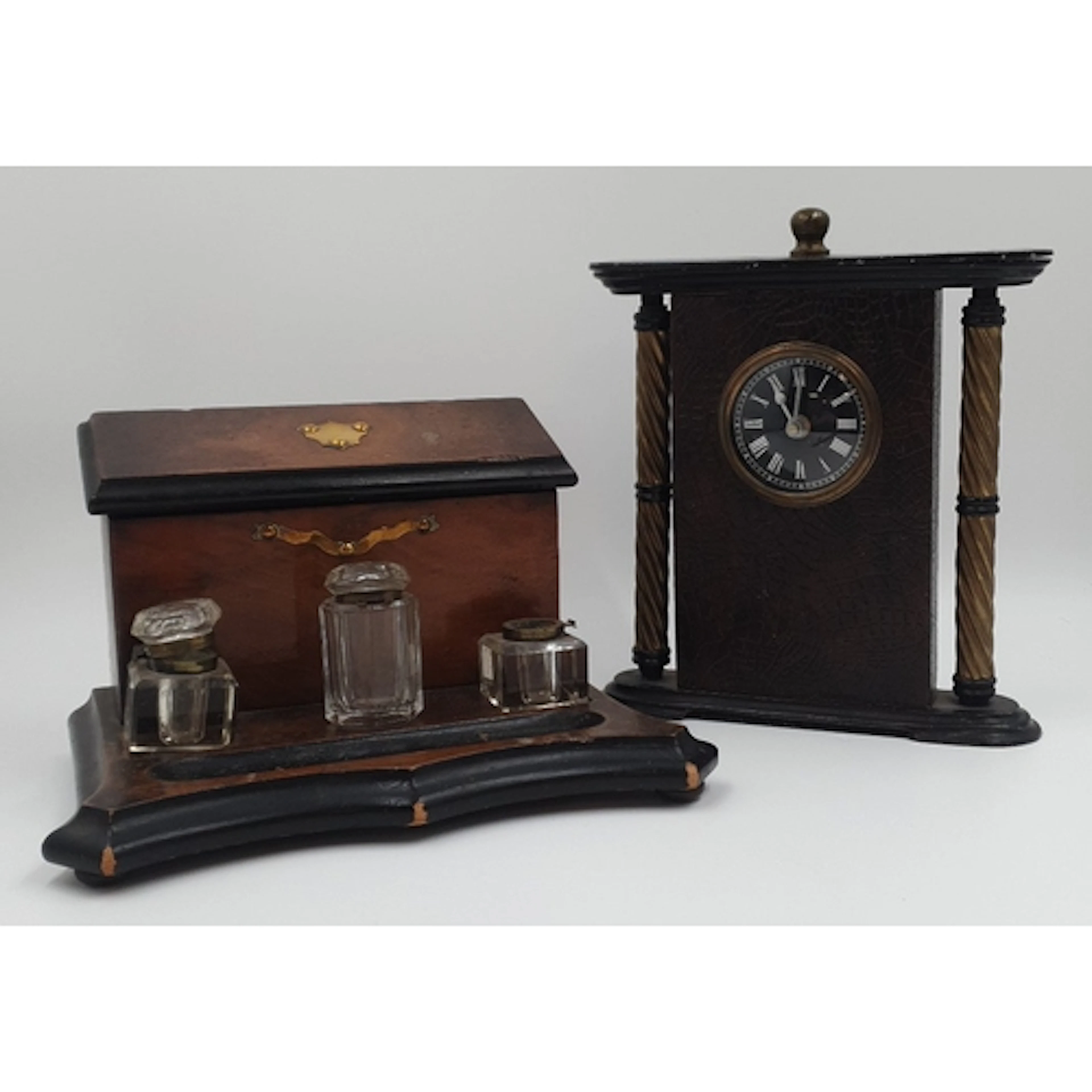 2 Piece Antique Desk Set with Mantel Clock and Inkwell Box, ...