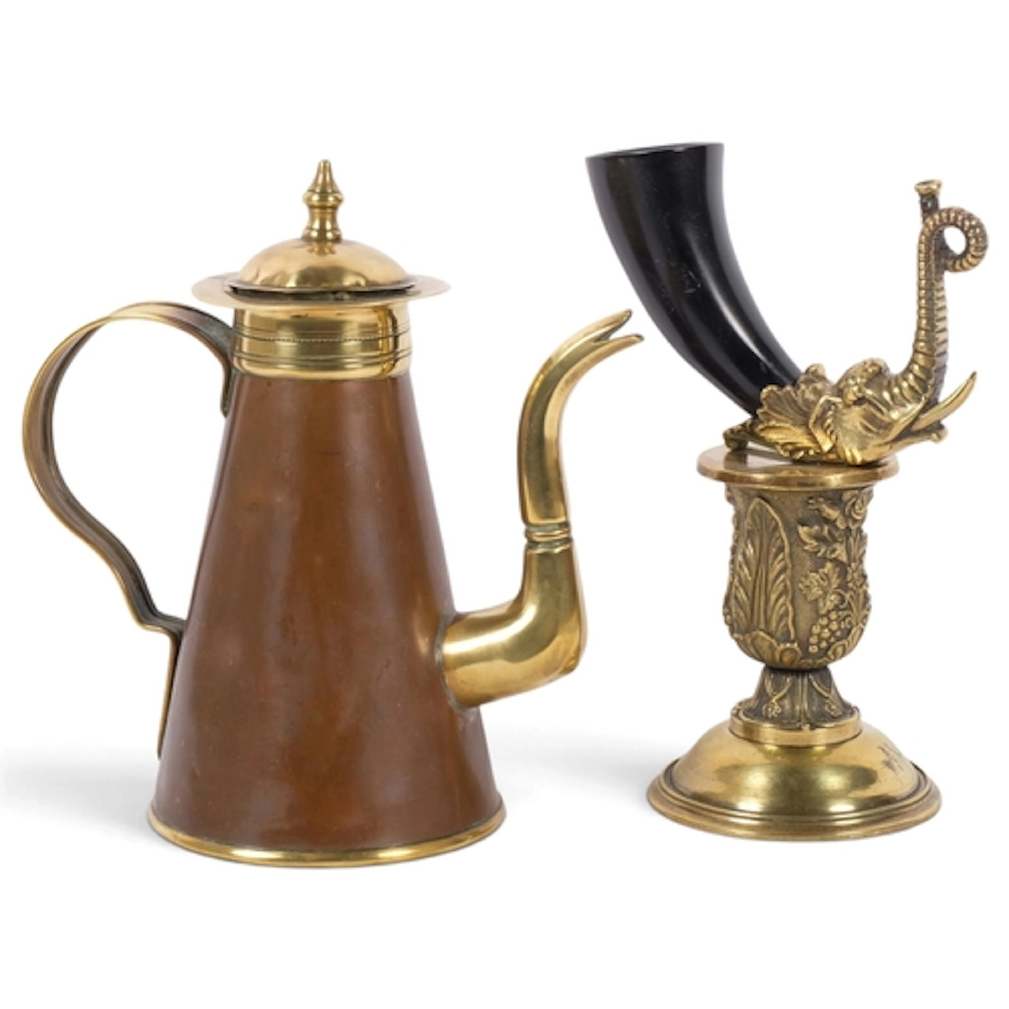 A 19th century cast-brass and animal horn ornamental cornuco...