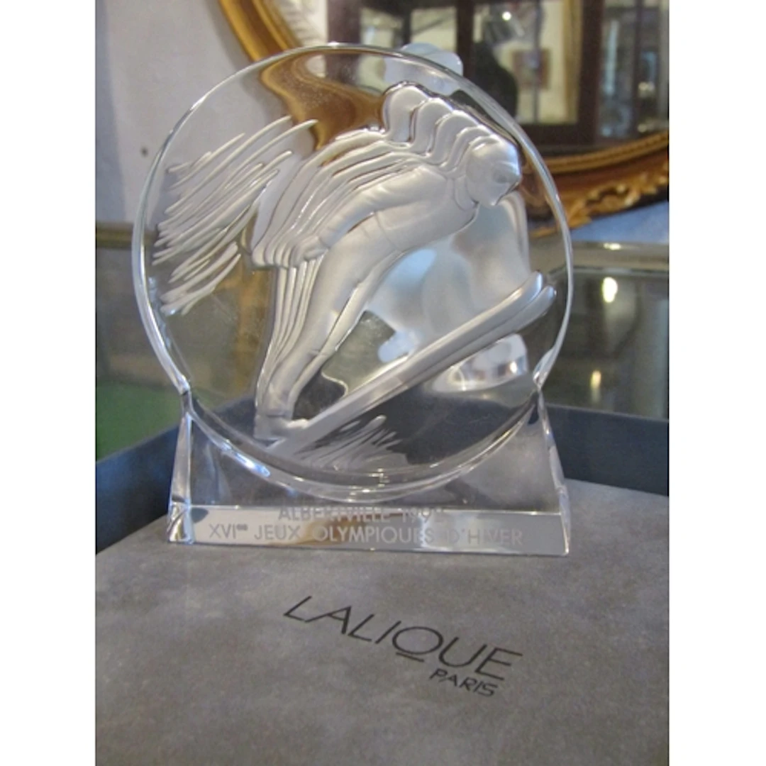 Lalique Table Crystal Olympic Skier Original Presentation Bo...