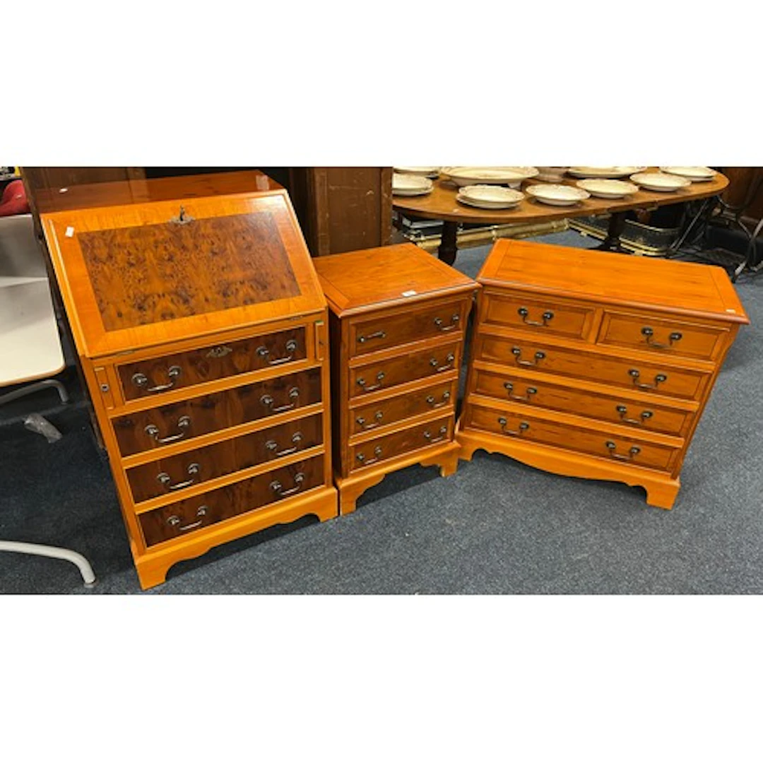 Reproduction burr walnut bureau, chest of two short over thr...