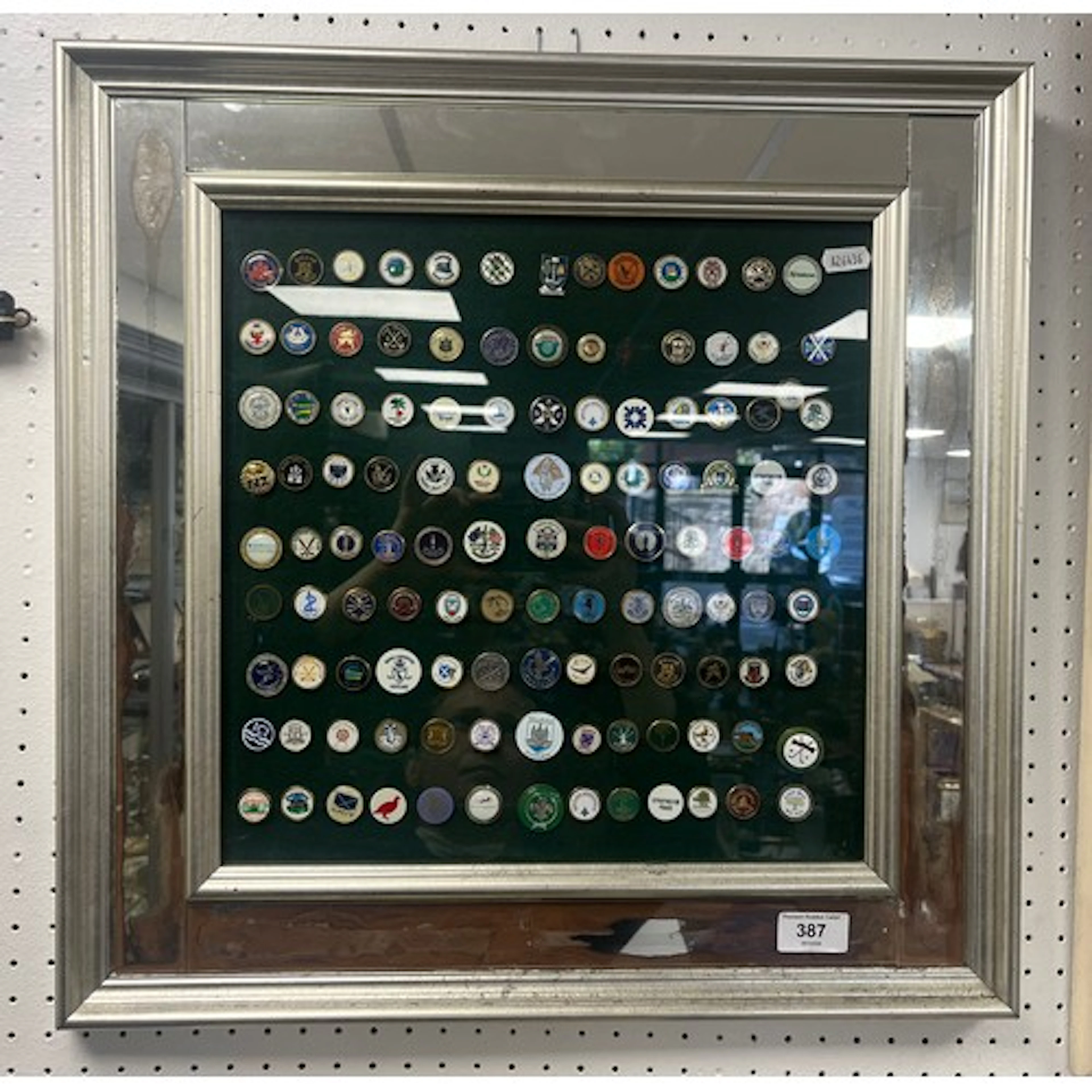 117 framed golf ball markers, from Scottish courses. 51cm x ...