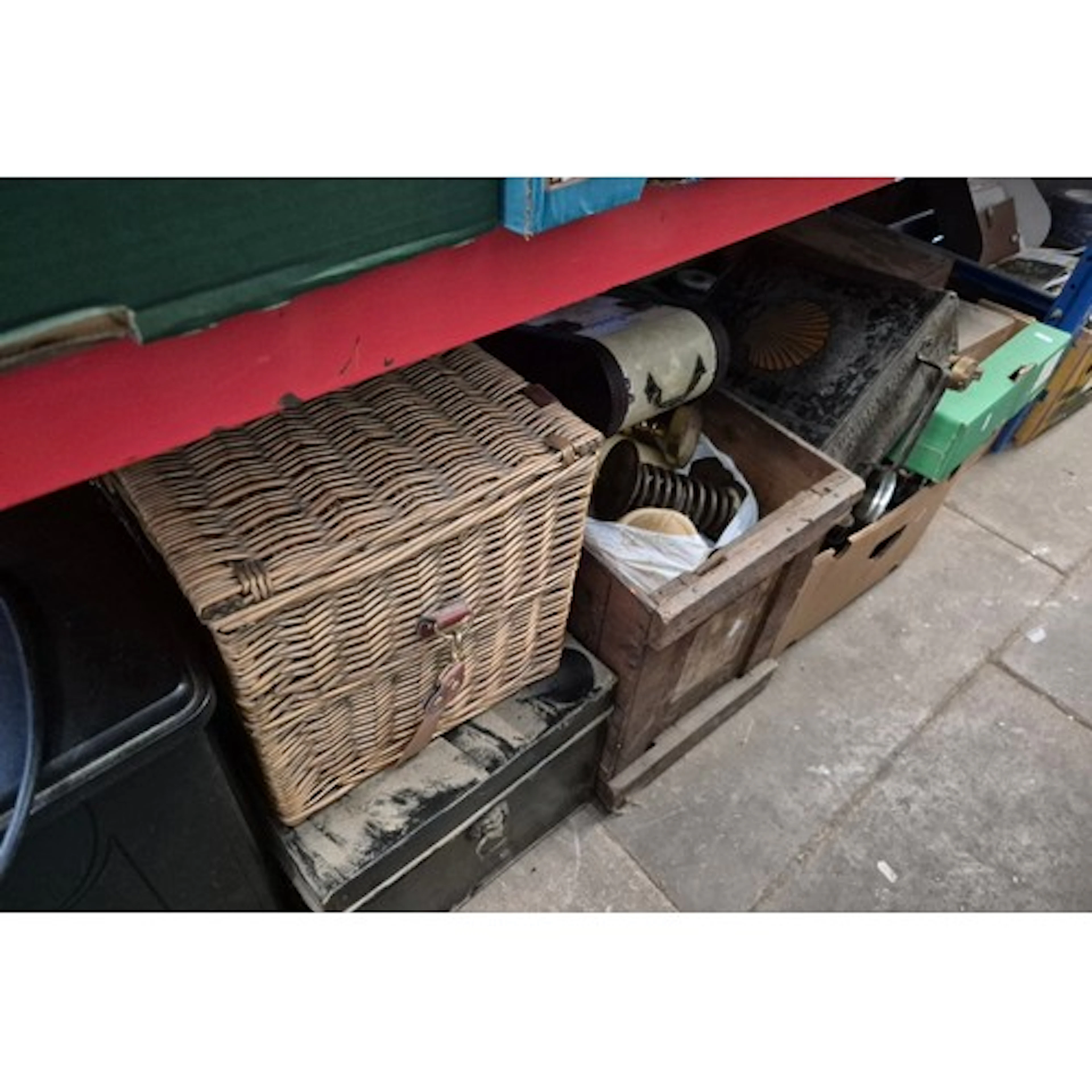 A mixed lot including an electric heater, tin box, petrol ca...