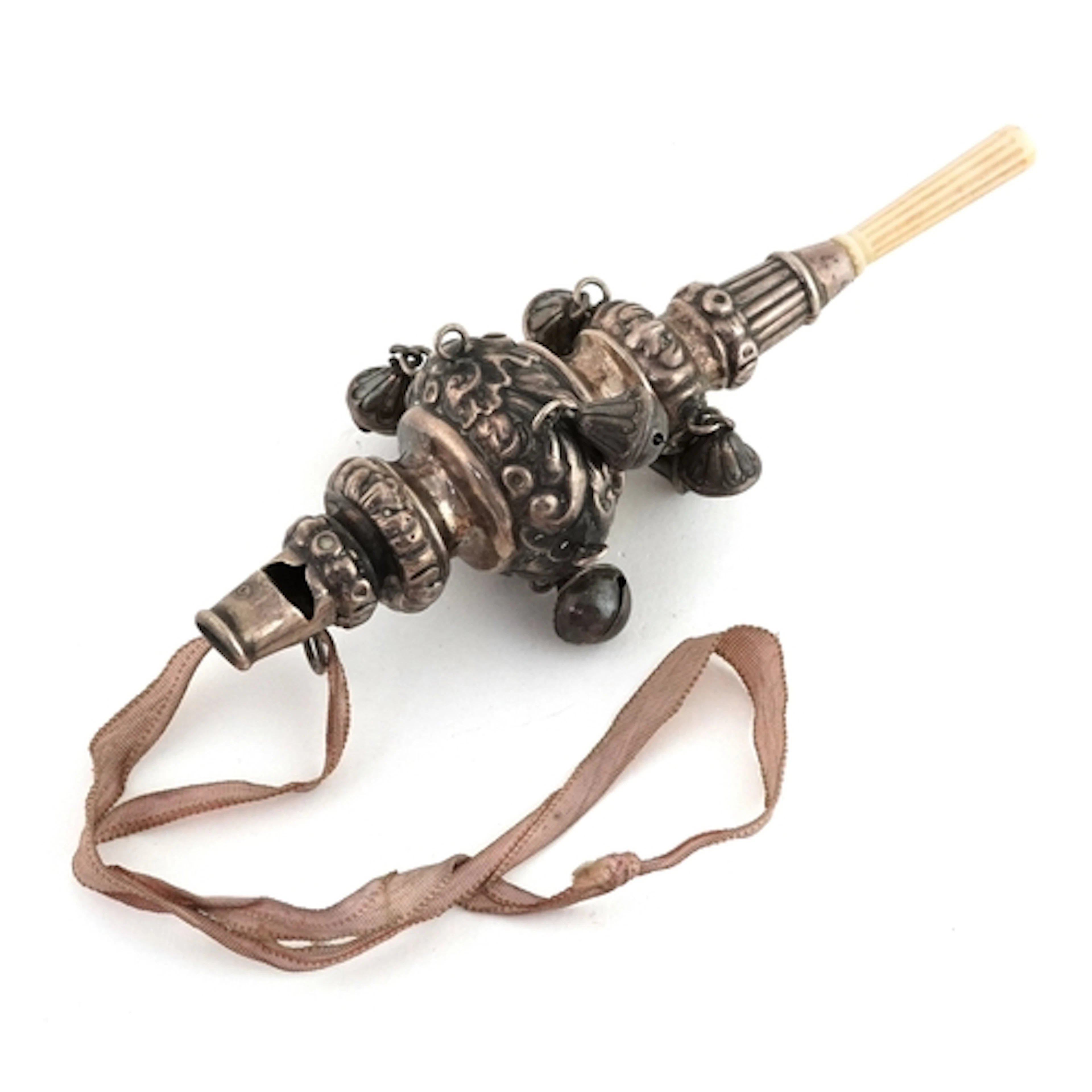 Edwardian silver babies rattle/whistle with embossed leaf de...