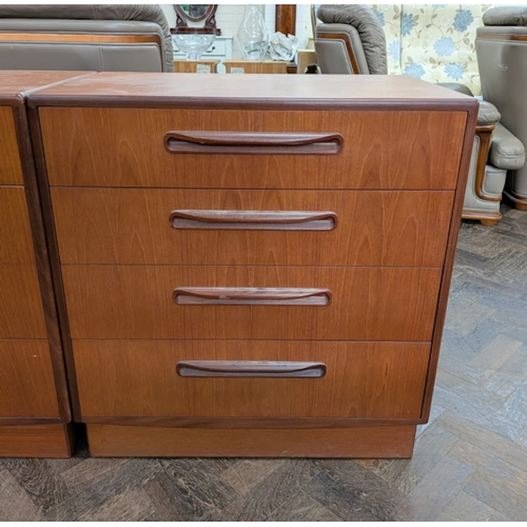 1970's GPlan teak four drawer chest of drawers, 28.5" wide