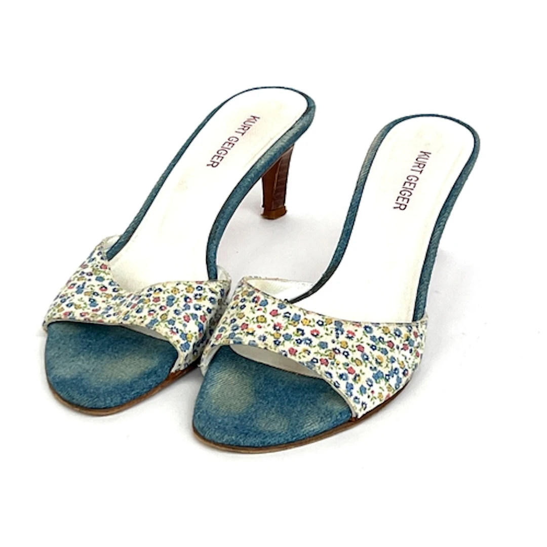 A pair of Kurt Geiger denim and floral printed heels, size 3...