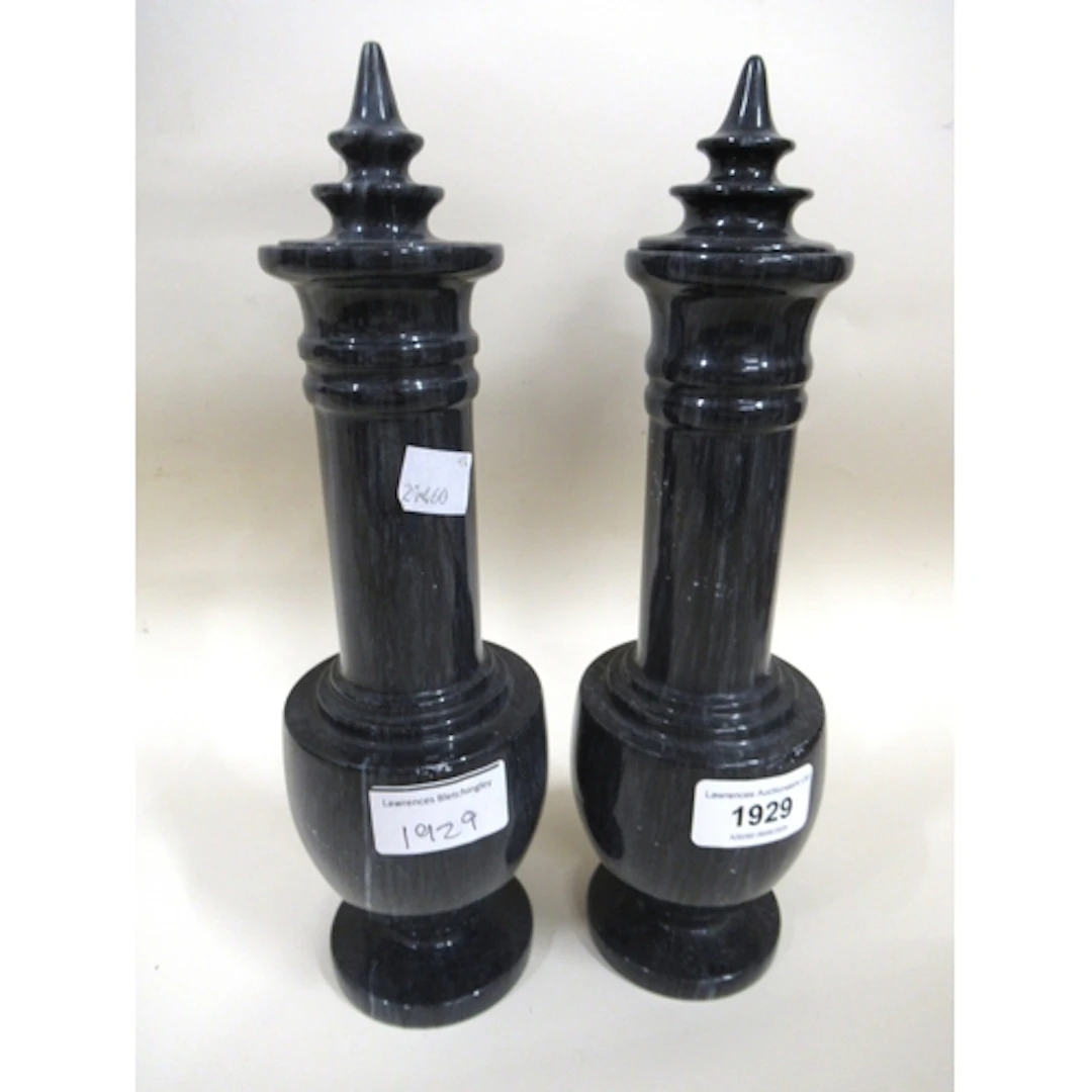Pair of turned grey marble bottle vases with covers, 26.5cm ...