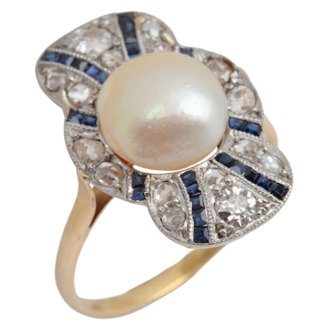 A pearl, sapphire and diamond ring, early 20th century, cent...