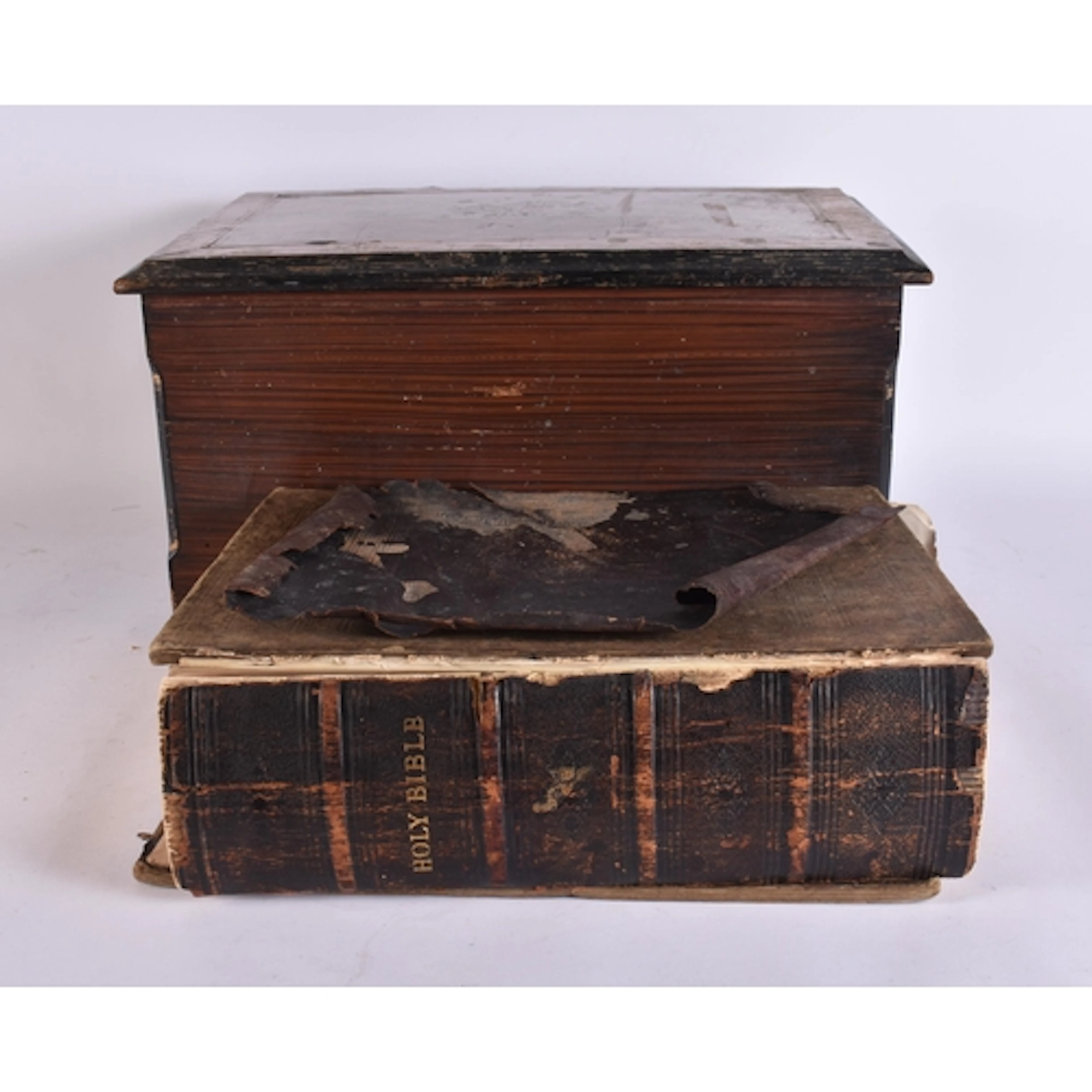 AN ANTIQUE MUSIC BOX and a copy of the bible. Largest 40 cm ...