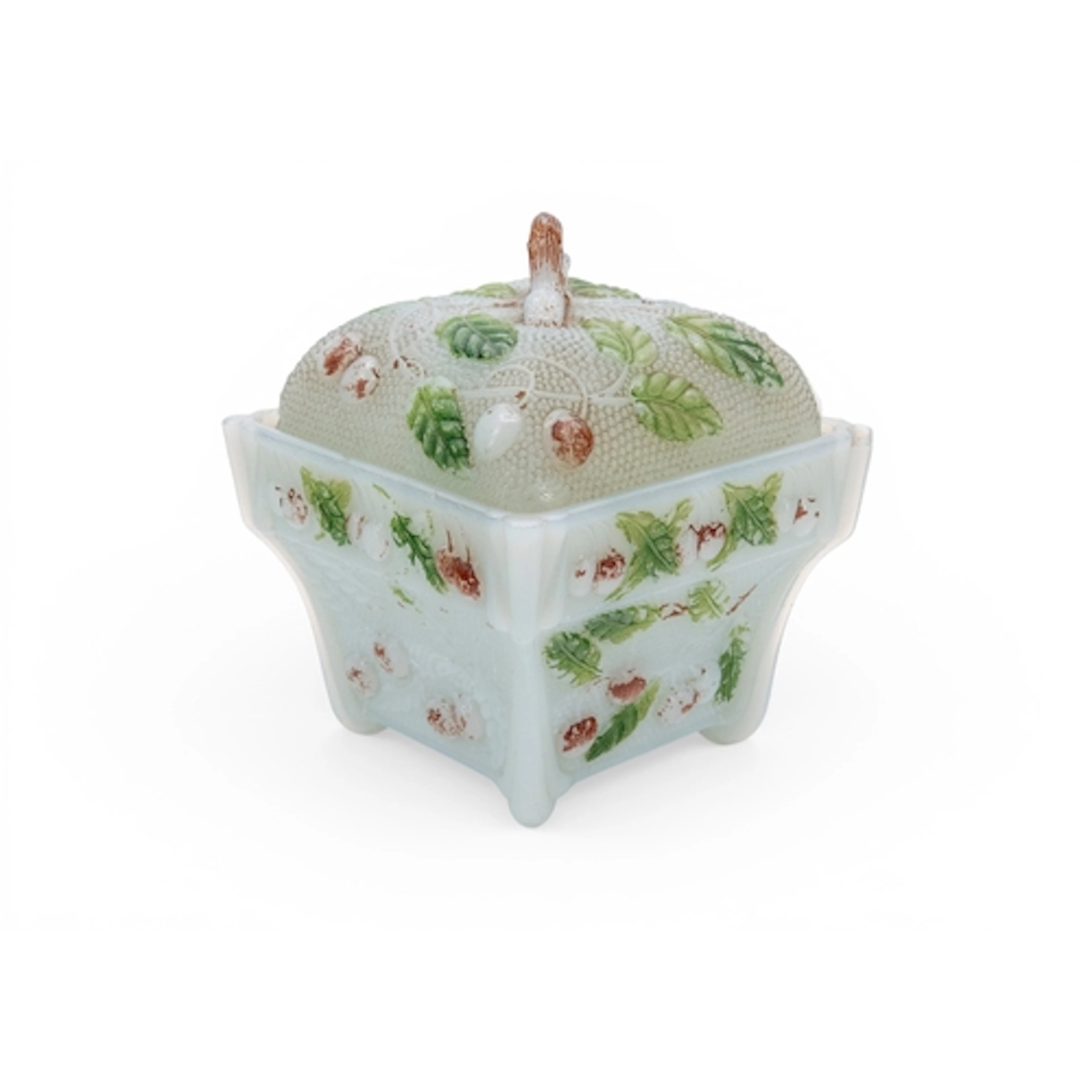 A VINTAGE PRESSED GLASS BOX decorated with cherries and col...