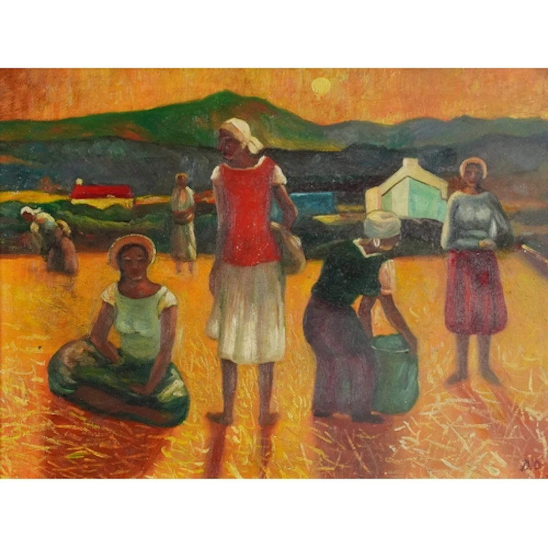 Figures in a cotton field by cottages, oil on board, framed,...
