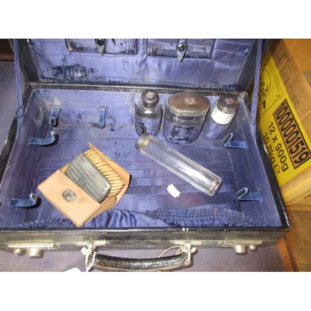 Vanity Case with 4 Silver Top Glass Jars and a Silver Back B...