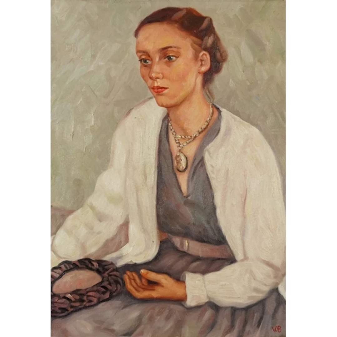 Portrait of a seated female wearing a necklace, oil on board...
