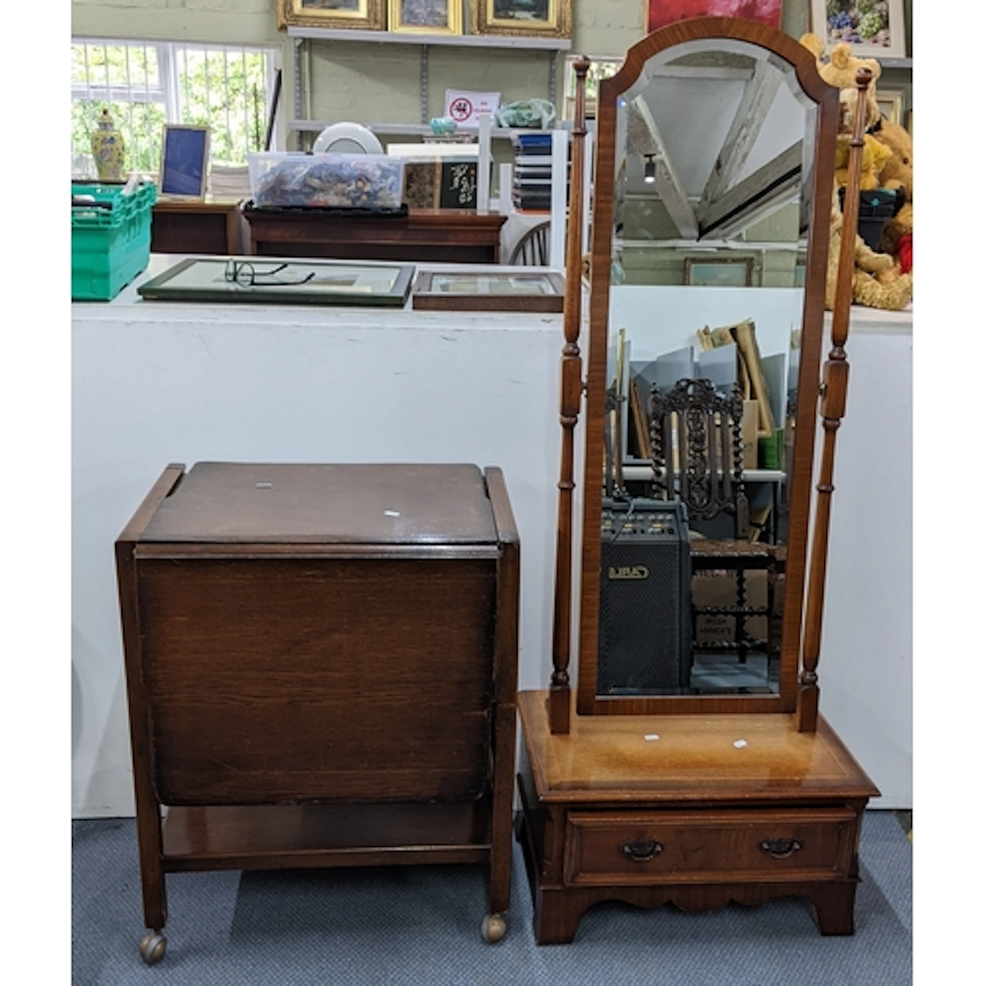 A reproduction mahogany cheval mirror together with an oak t...