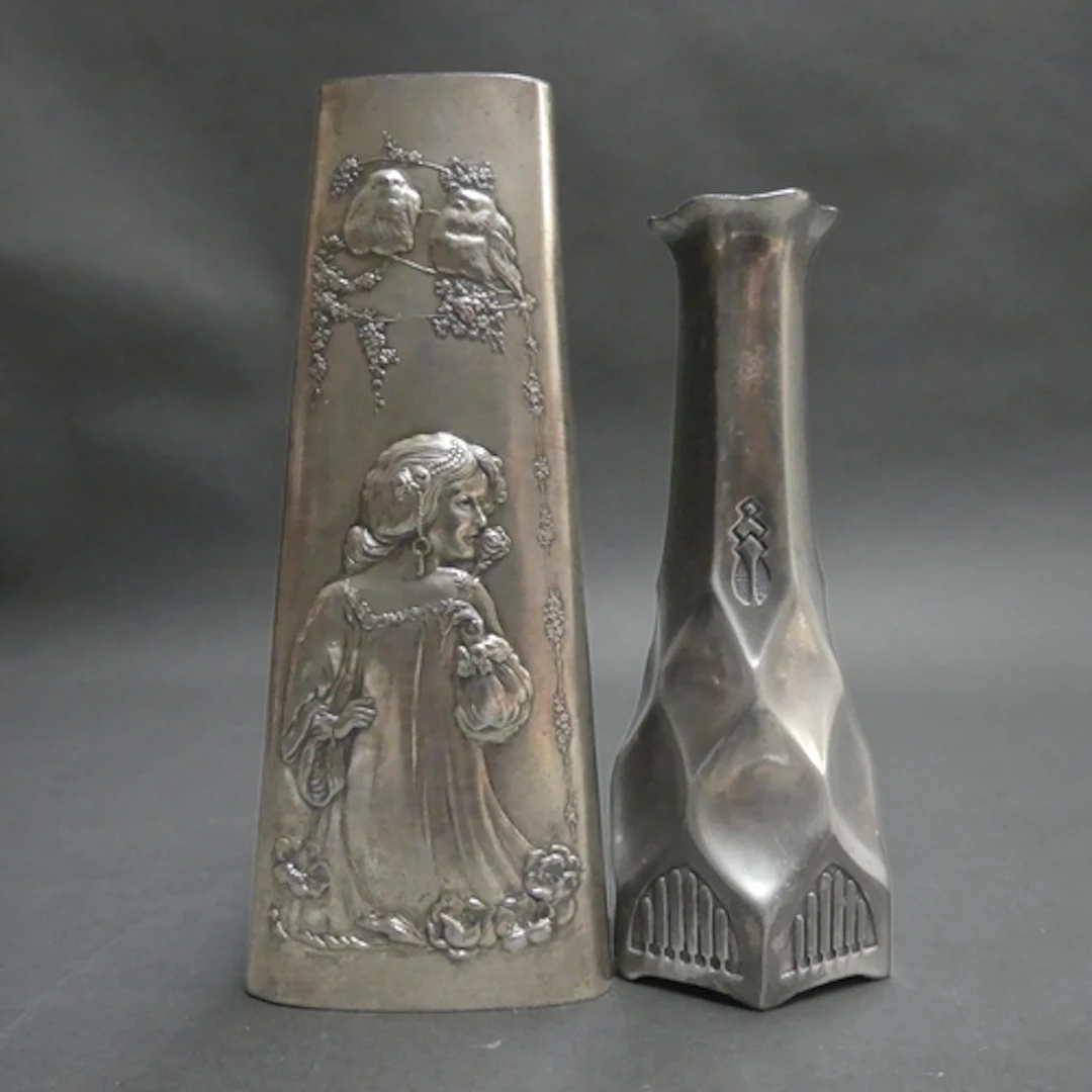 Two Art Nouveau silver plated vases, one with Alphonse Mucha...