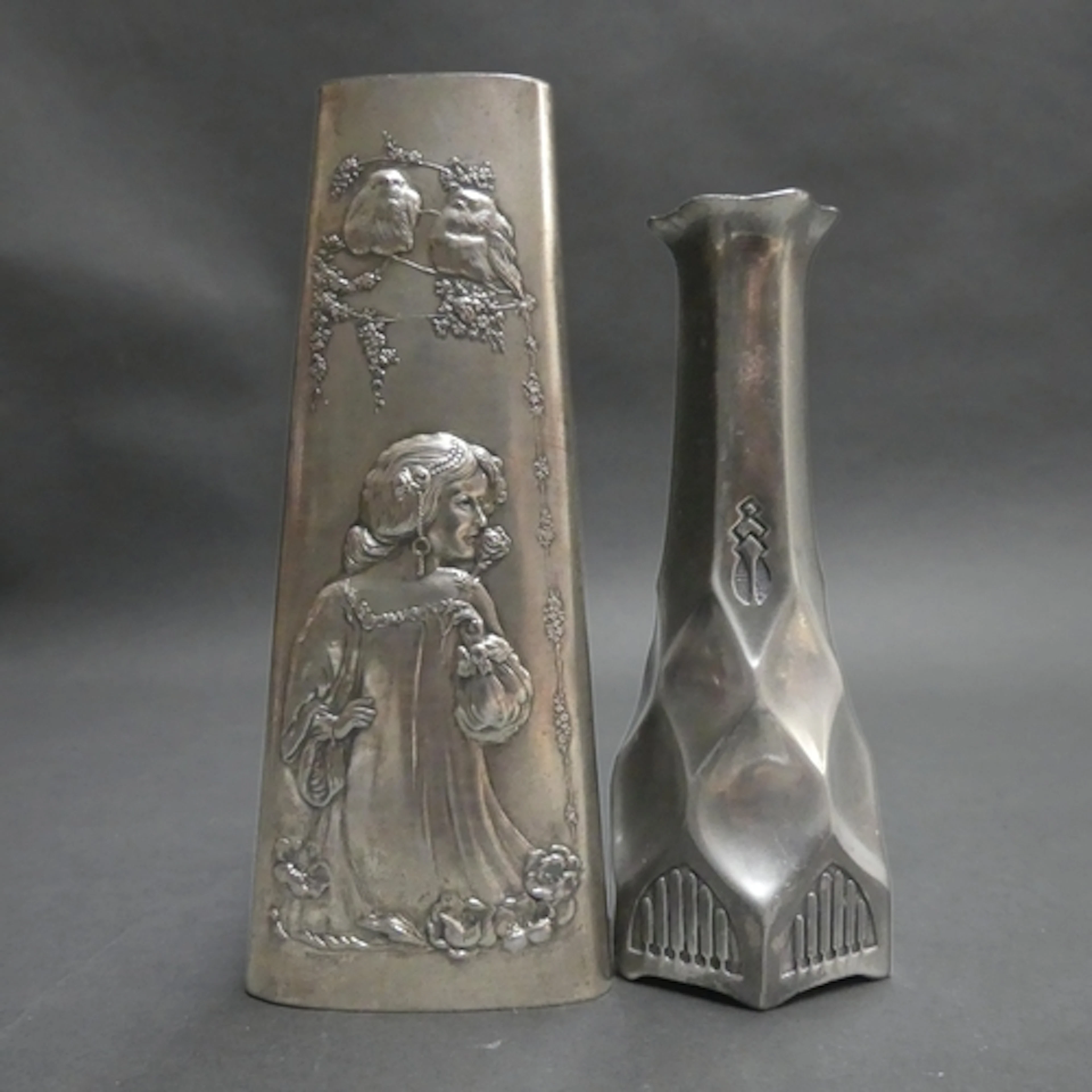 Two Art Nouveau silver plated vases, one with Alphonse Mucha...