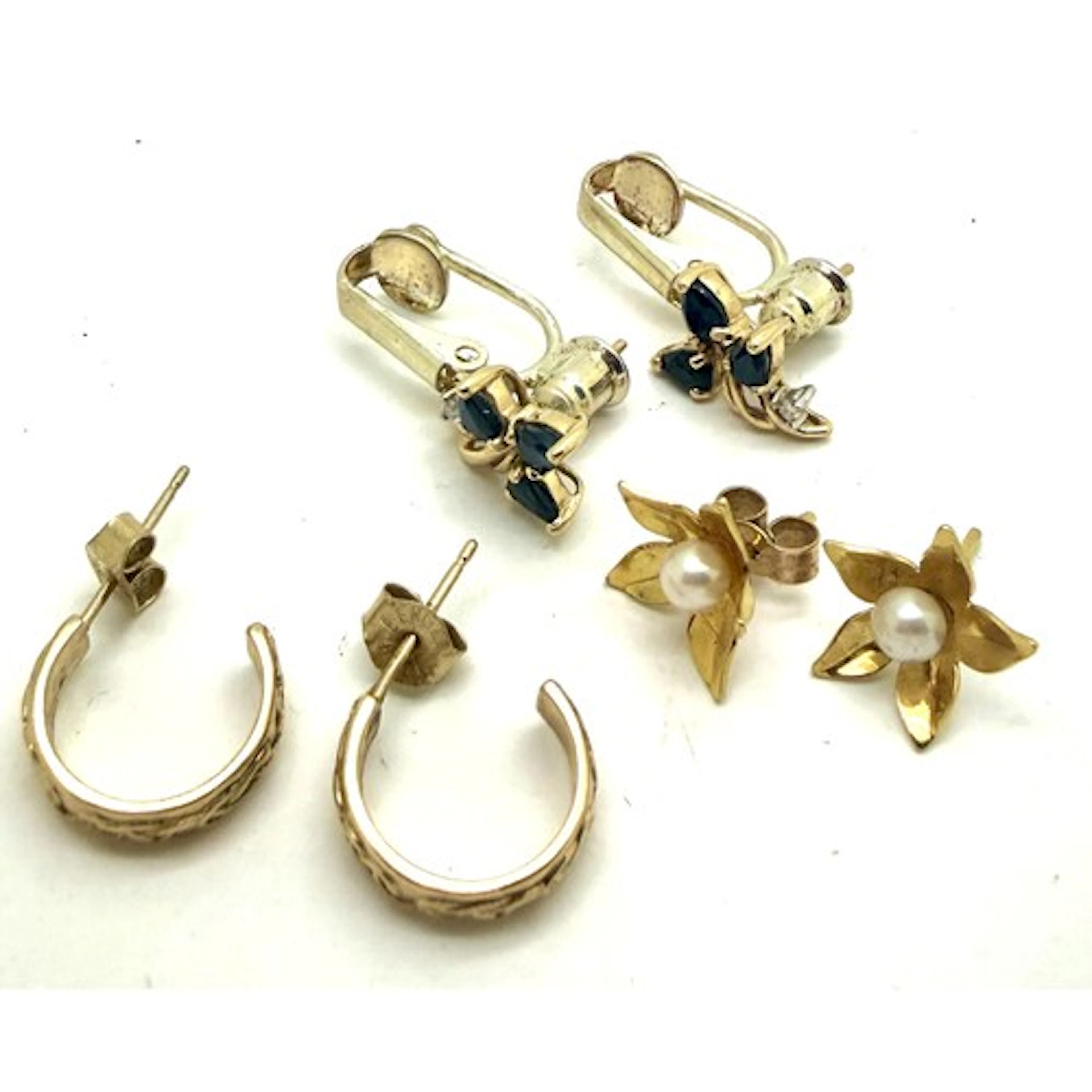 Three pairs of gold earrings including 18 carat hoops, 2.4gm...